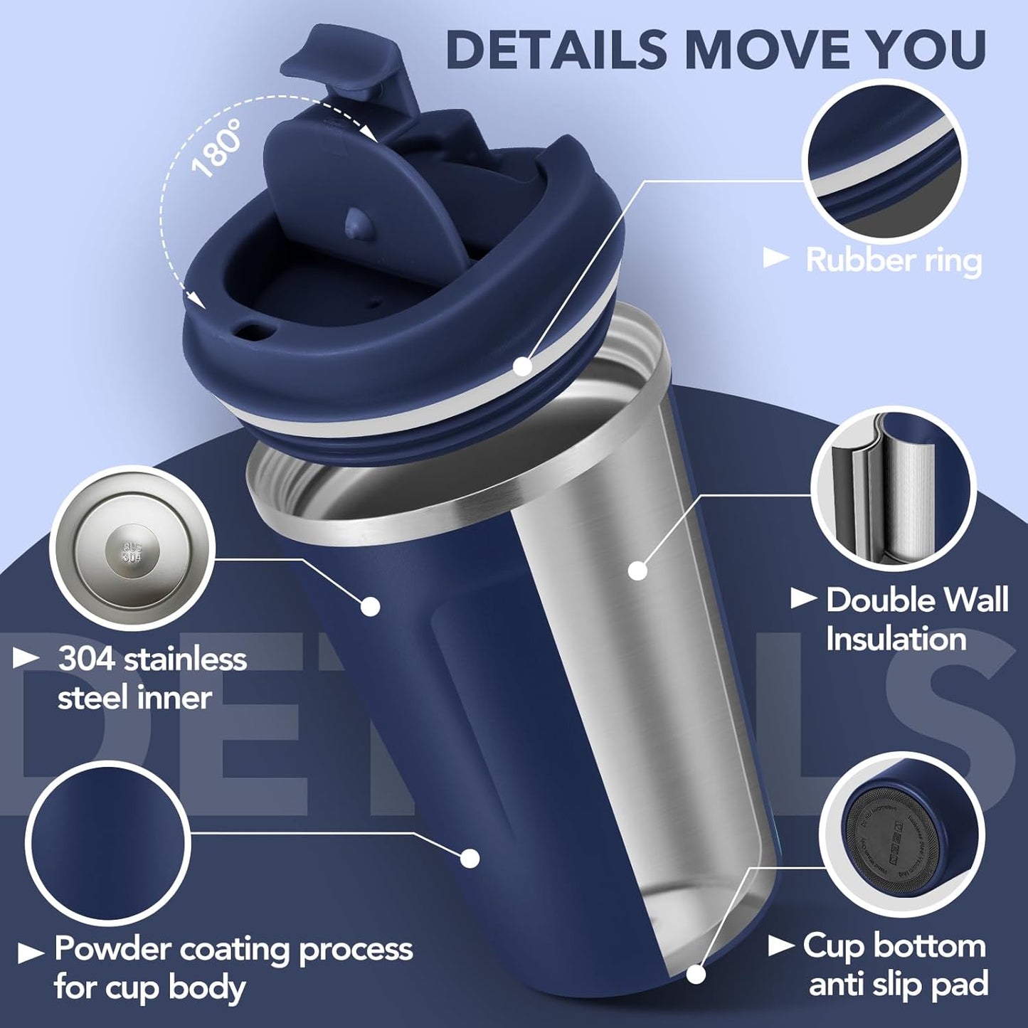 Volhoply 12 oz Double Wall Insulated Vacuum Travel Coffee Mug with Flip Lid Bulk 4 Pack,Reusable Stainless Steel Leak Proof Coffee Cups,Portable Cafe Thermal Tumbler for Hot & Cold Drinks(Navy,4 Set)