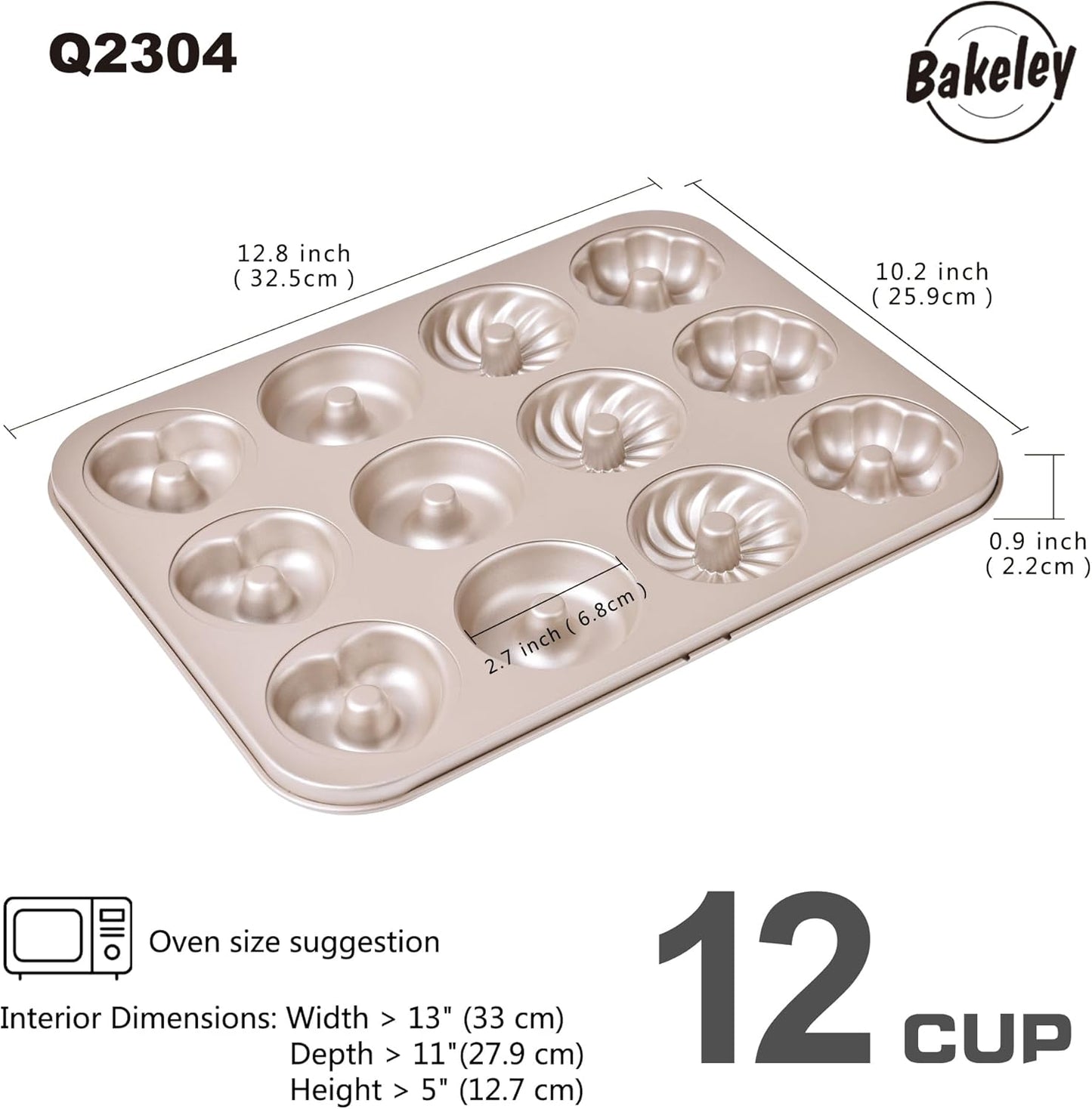 Donut Mold Cake Pan, 12-Cavity Non-Stick Ring Doughnut Bakeware for Oven Baking (Champagne Gold)
