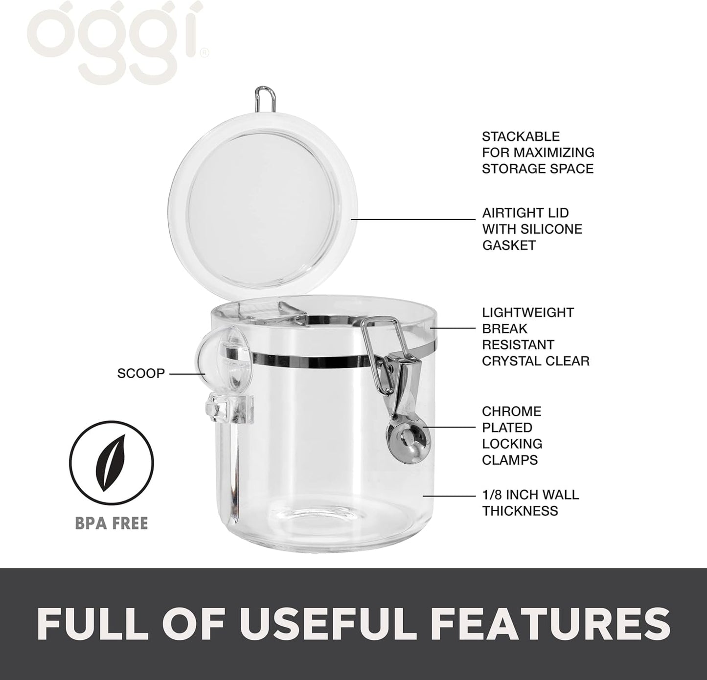 Oggi 4pc Clear Canister Set with Clamp Lids Airtight Containers in Sizes Ideal for Kitchen & Pantry Storage of Bulk, Dry Foods Including Flour, Sugar, Coffee, Rice, Tea, Spices & Herbs