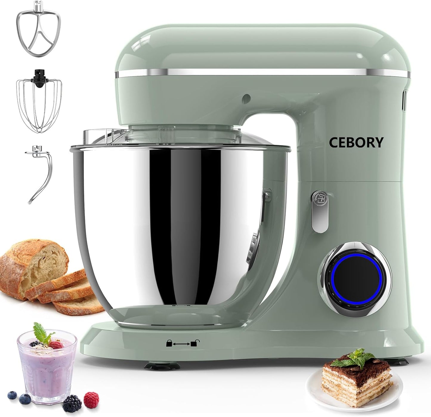 3-IN-1 Electric Stand Mixer, 6.5QT Bowl 660W 10-Speed Kitchen Mixer, Household Food Mixers include Dough Hook, Beater and Whisk, Bread Cake Mixer for Baking and Most Home Cooks, Green