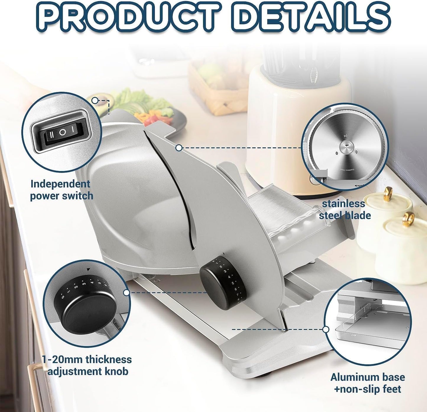 CUSIMAX Meat Slicer for Home with 1-20mm Adjustable Thickness，Electric Deli Slicer for Food Tray,Two 9" Stainless Steel Blades and Removable Food Carriage,Easy for Cut all Foods