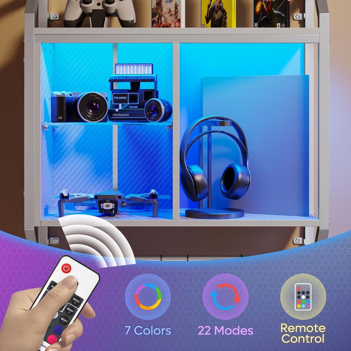 Bestier LED Gaming Floating Shelves for Wall, 25" Wall Mounted Shelf Pipe Adjustable Glass Shelves, White Hanging Display Rack with 6 S-Hooks Towel Bar, Gaming Bedroom Decor Shelf