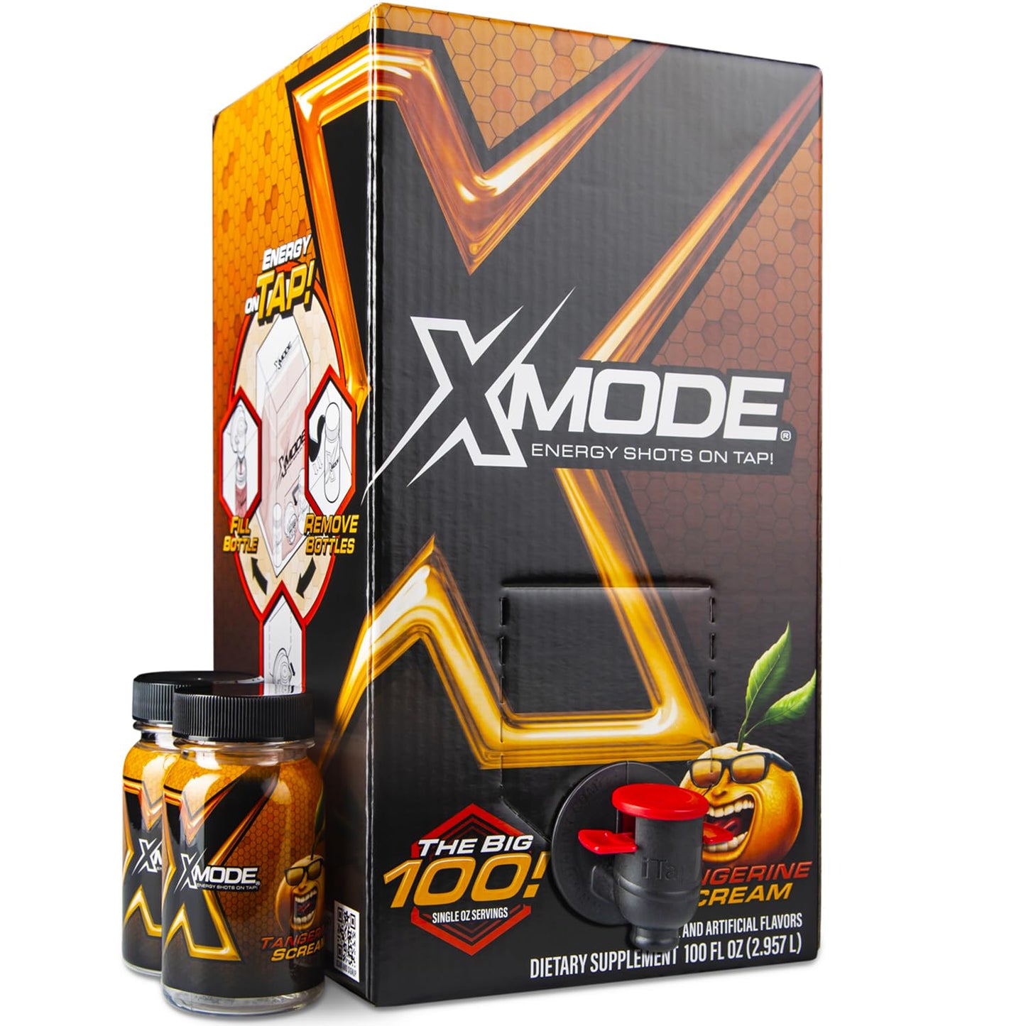 XMODE Energy Shots on Tap (Tangerine Scream Flavor) – 100 Serving Dispenser with Refillable Bottles for On-Demand Energy at 150mg Caffeine Per Oz
