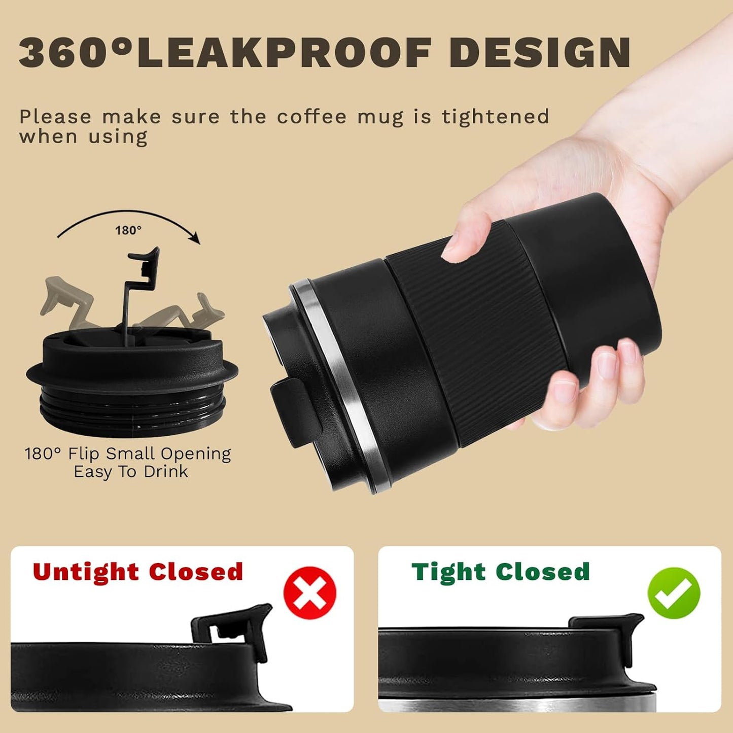 Vacuum-Insulated Stainless Steel Travel Coffee Mug, Leak-Proof Reusable Coffee Cup with Lid - Keep Hot & Cold Drinks for Hours, Durable Thermos Tumbler for Men & Women (3rd-Black, 17OZ)