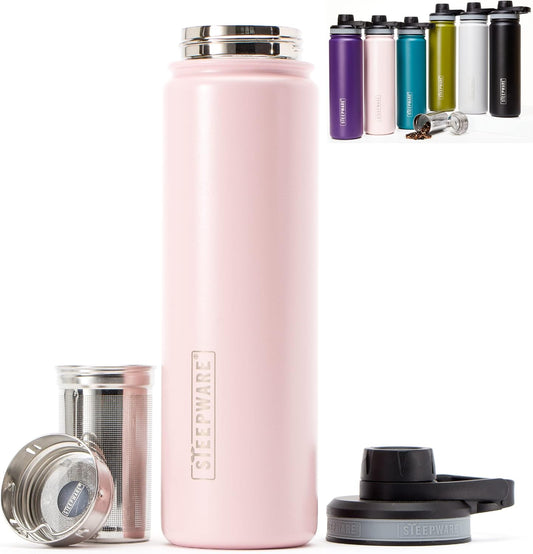 The Tea Spot Steepware Tea Tumbler and Thermos, 22oz, Tea Bottle with tea infuser for loose leaf tea or iced coffee, Sleek Double Wall Tumbler & Insulated Travel Bottle - Rose