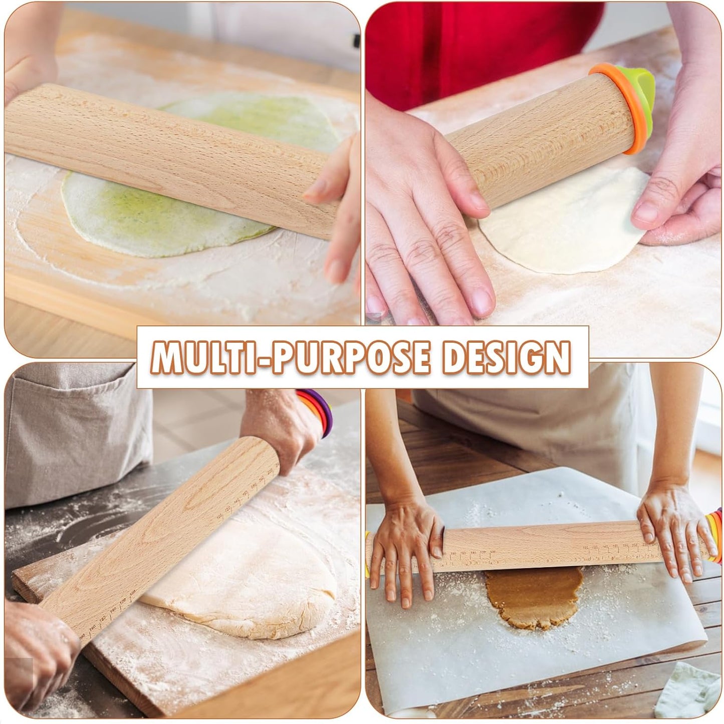 17Inch Wooden Rolling Pin, Rolling Pin with 4 Adjustable Thickness Ring, Graduated Rolling Pin for Baking, Fondant, Pizza, Crust, Cookies, Pastry