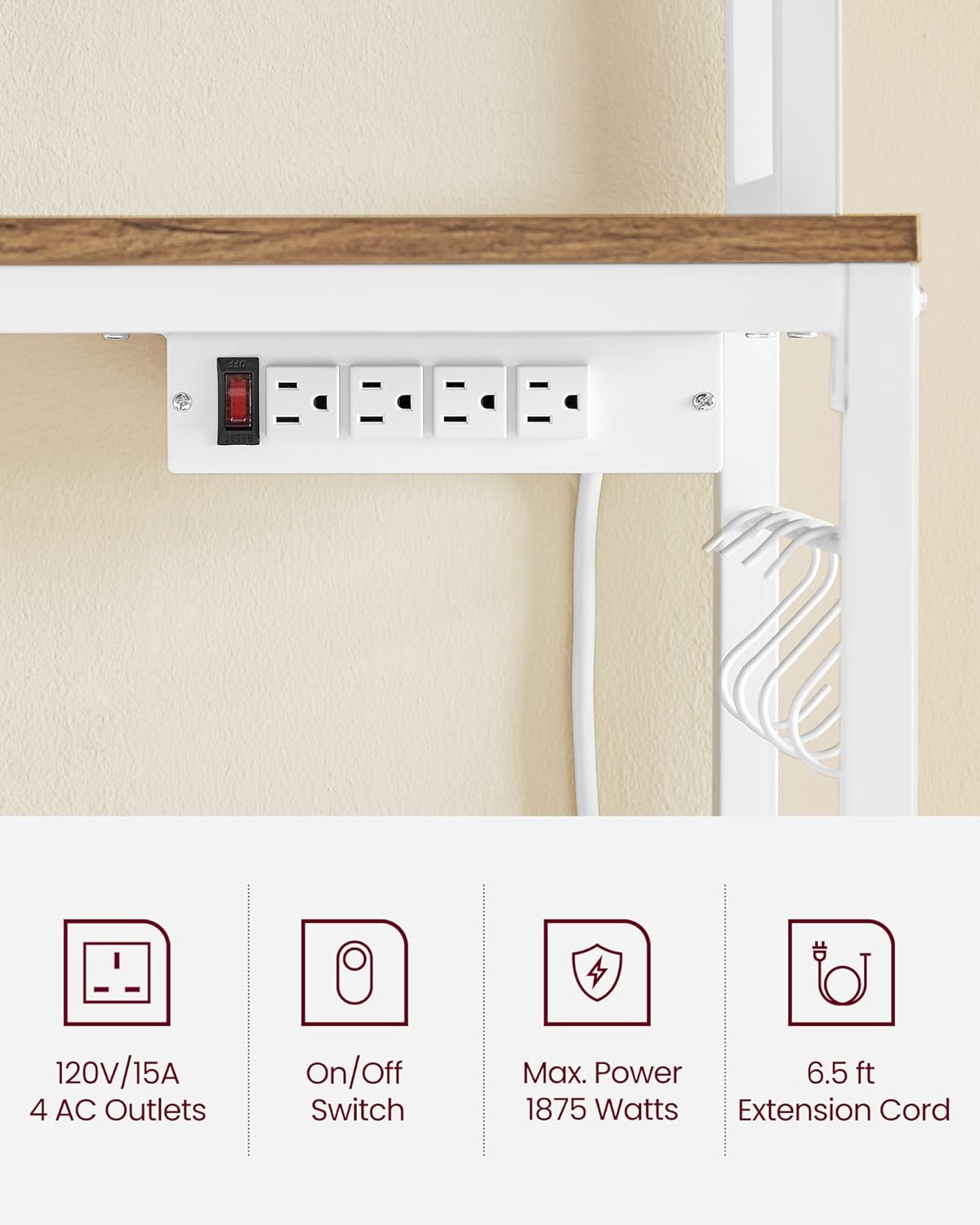 VASAGLE Hutch Bakers Rack with Power Outlet, 14 Hooks Microwave Stand, Adjustable Coffee Bar with Metal Wire Panel, Kitchen Storage Shelf, 15.7 x 31.5 x 66.9 Inches, Rustic Walnut and White UKKS025W41