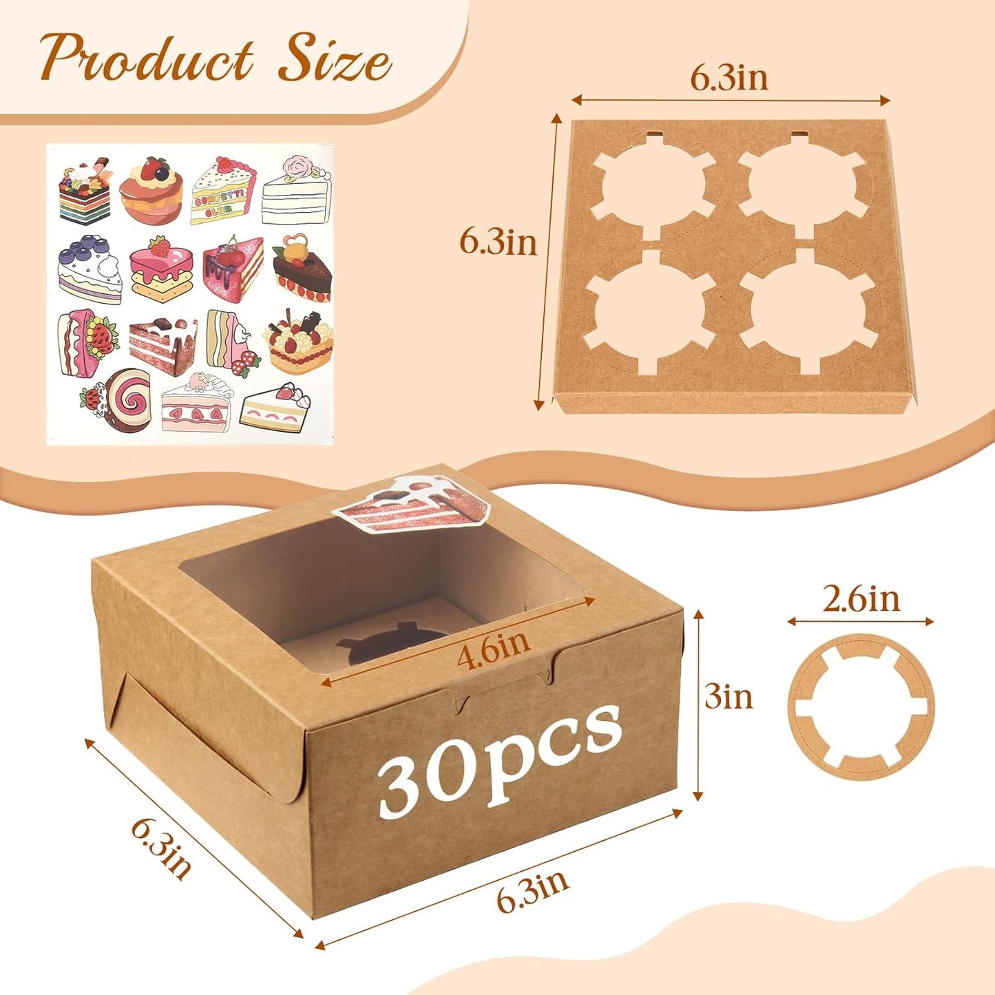OAMCEG 30 Pack Cookie Boxes with Window, 6x6x3 Inches Brown Bakery Treat Boxes with Stickers & Twine for Pastry, Desserts, Strawberries, Cupcakes, Gift Giving