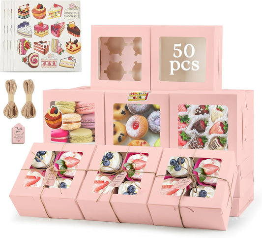 OAMCEG 50 Pack Cookie Boxes with Window, 6x6x3 Inches Pink Cupcake Boxes, Bakery Treat Boxes with Stickers & Twine for Pastry, Desserts, Strawberries, Cupcakes, Gift Giving