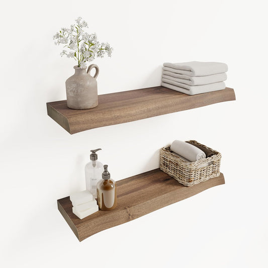 24" Acacia Live Edge Floating Shelves Set of 2 - Wall Mounted Wooden Shelf for Stylish Home Décor - Dark Walnut Color 24x7.5x1.5 Inches