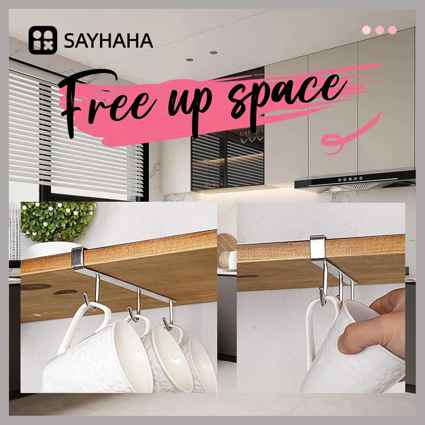 Mug Hooks Under Cabinet , 304 Stainless Steel Cup Hooks for Hanging Under Shelf, Mug Organizer Rack with 3 Hooks for Displaying Mugs, Coffee Cups and Kitchen Utensils,Fit for 0.8" or Less thickness