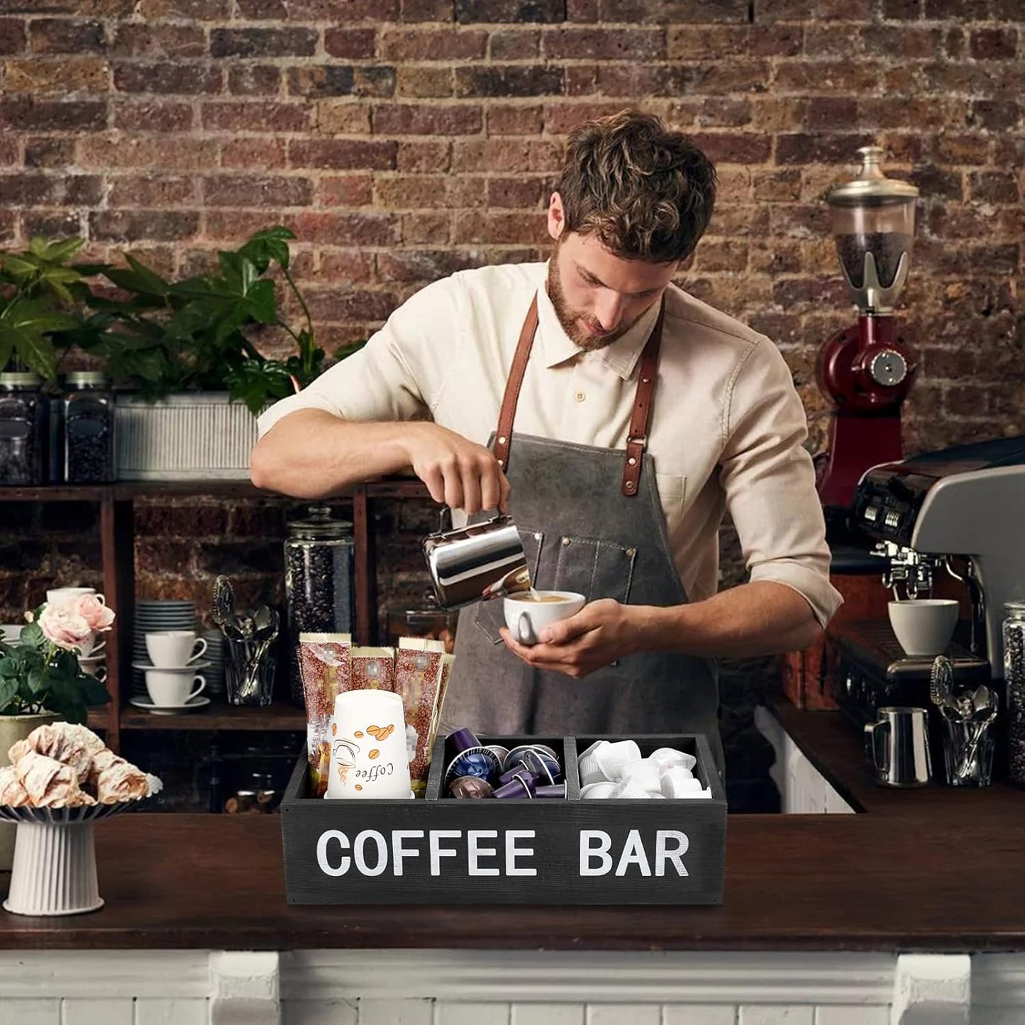 ELLDOO Coffee Bar Wooden Storage Box with Removable Grids, Station Organizer Pod Holder, Rustic Coffee Accessories for Counter, Farmhouse Kitchen, Black