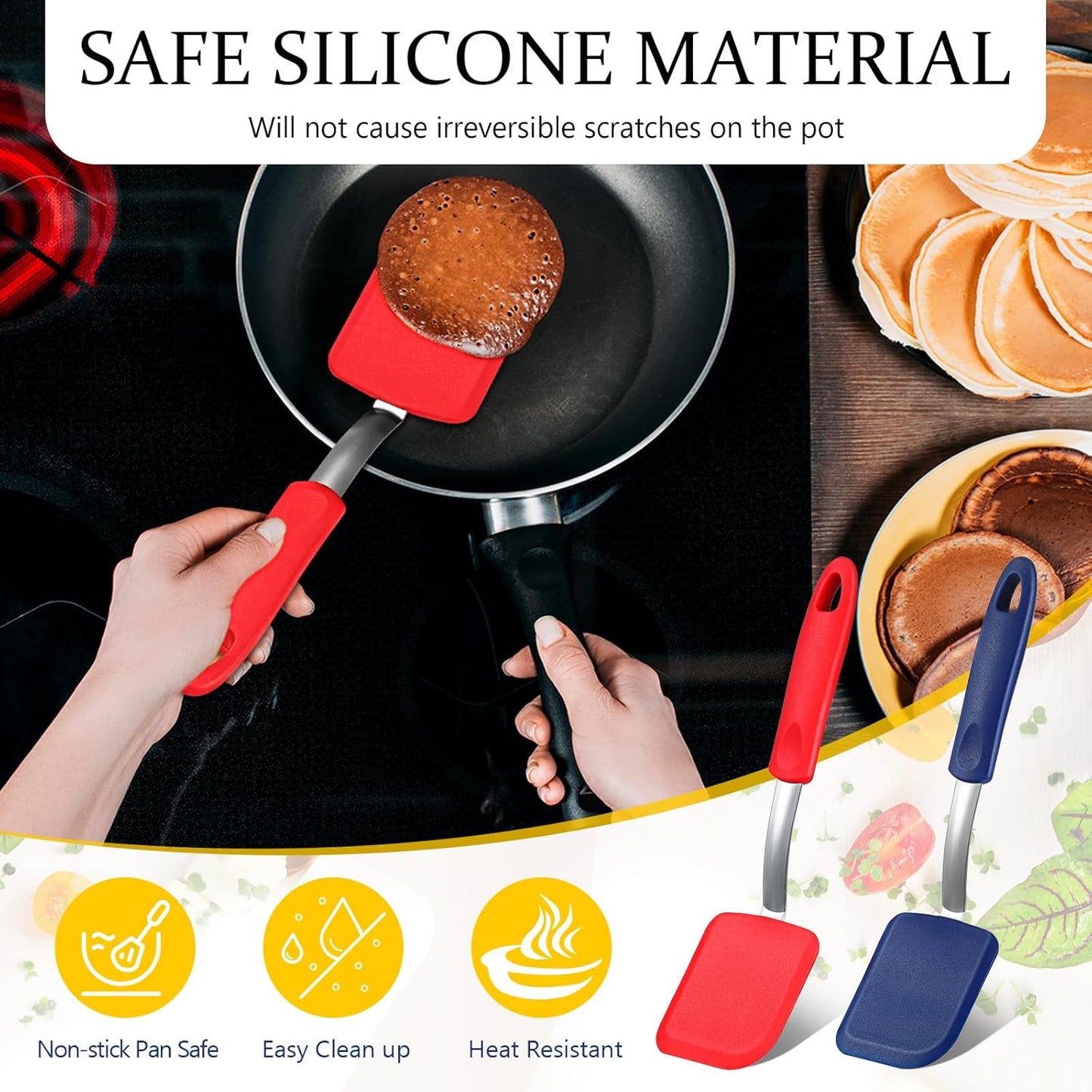 Silicone Cookie Spatula Turner 2 Pack Mini Brownie Spatula Flexible Kitchen Small Silicone Turner for Nonstick Cookware Heat Resistant No Scratch Flipper for Egg Pancake(Red,Blue)