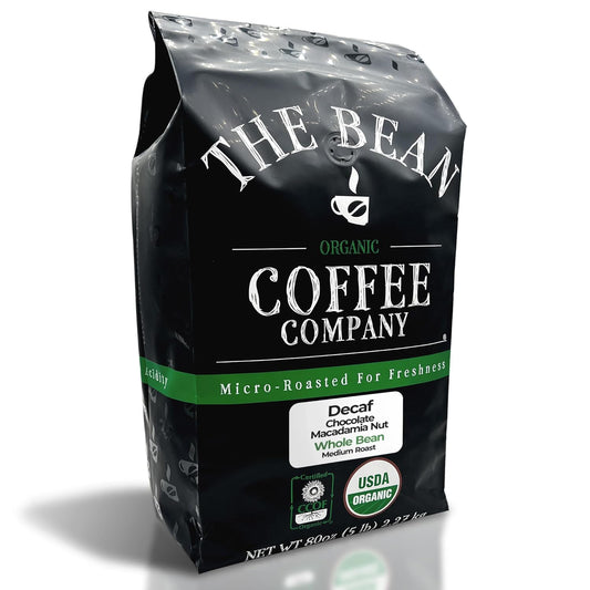 The Bean Organic Coffee Company Water Processed DECAF Chocolate Macadamia Nut, Medium Roast, Whole Bean Coffee, 5-Pound Bag
