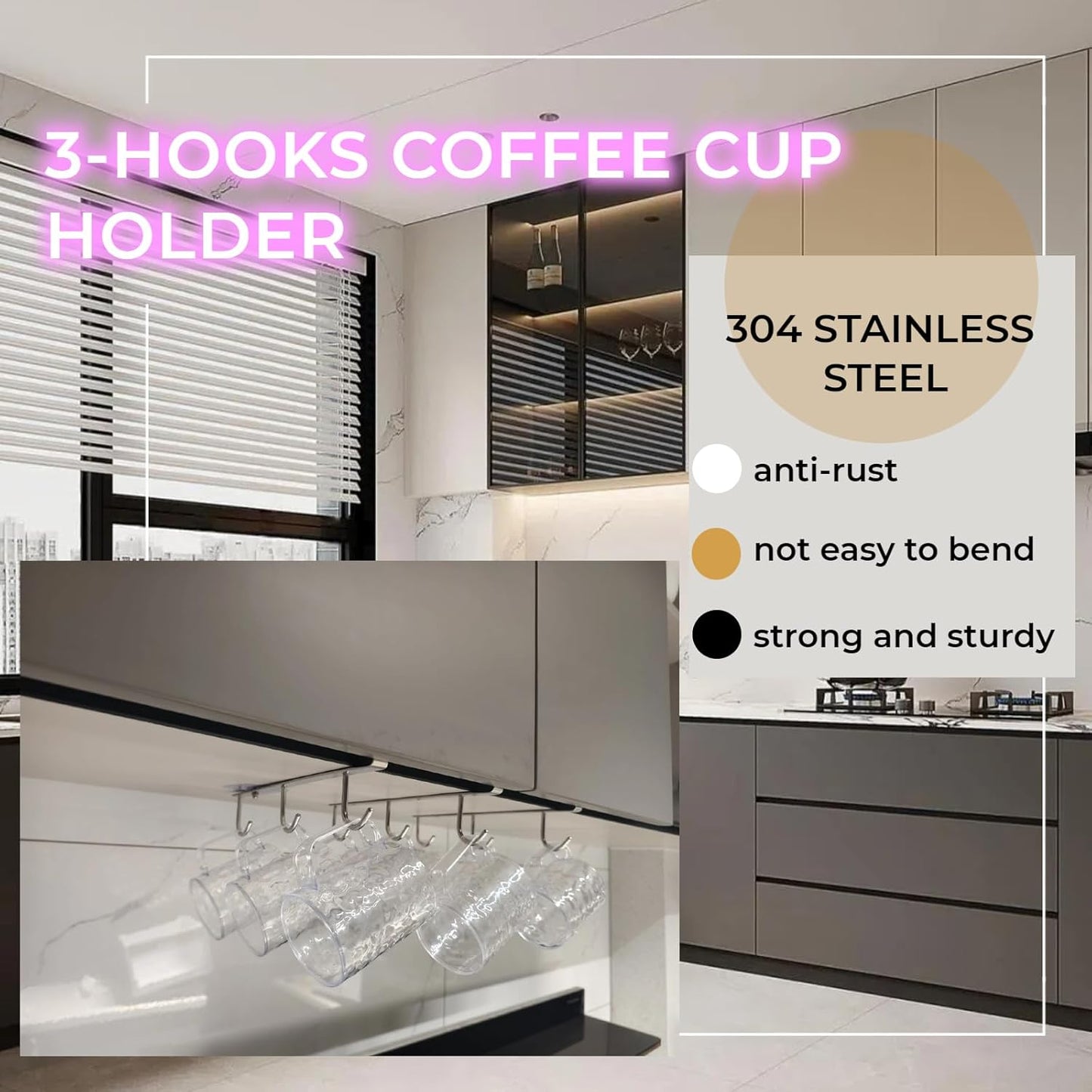 Mug Hooks Under Cabinet , 304 Stainless Steel Cup Hooks for Hanging Under Shelf, Mug Organizer Rack with 6 Hooks for Displaying Mugs, Coffee Cups and Kitchen Utensils,Fit for 0.8" or Less thickness