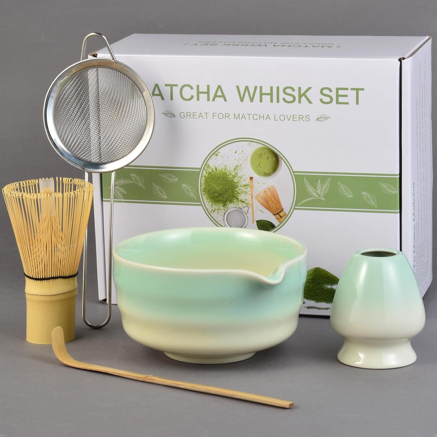Matcha Whisk Set, 5pcs Japanese Ceremony Matcha Tea Kit Includes Ceramic Matcha Bowl with Spout, Bamboo Whisk & Holder, Traditional Scoop, Stainless Sifter, Gift for Matcha Lovers Beginner