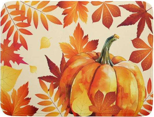 Autumn Pumpkin Maple Leaf Dish Drying Mat for Kitchen Counter,Thanksgiving Fall Holiday Drying Mat with Hanging Loop 18 x 24 Inch Microfiber Dish Drying Pad Dish Rack Drainer Mat for Coffee Bar