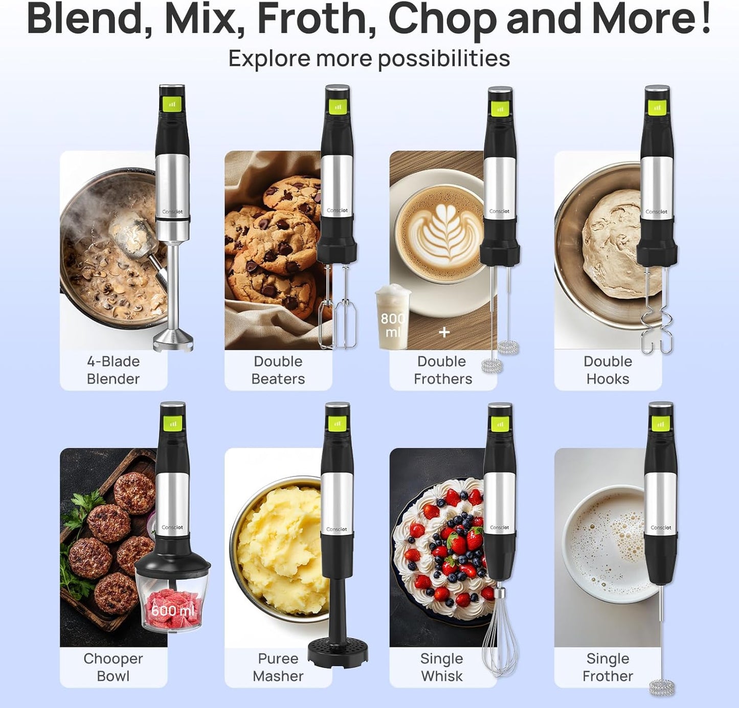 Consciot 10-in-1 Immersion Blender Handheld Max 1100W with Entire Stainless Steel Blender Shaft, Trigger Speed Control, 800ml Beaker, 600ml Chopper, Beaters, Frothers, Hooks, Masher, Whisk & 600ml Cup