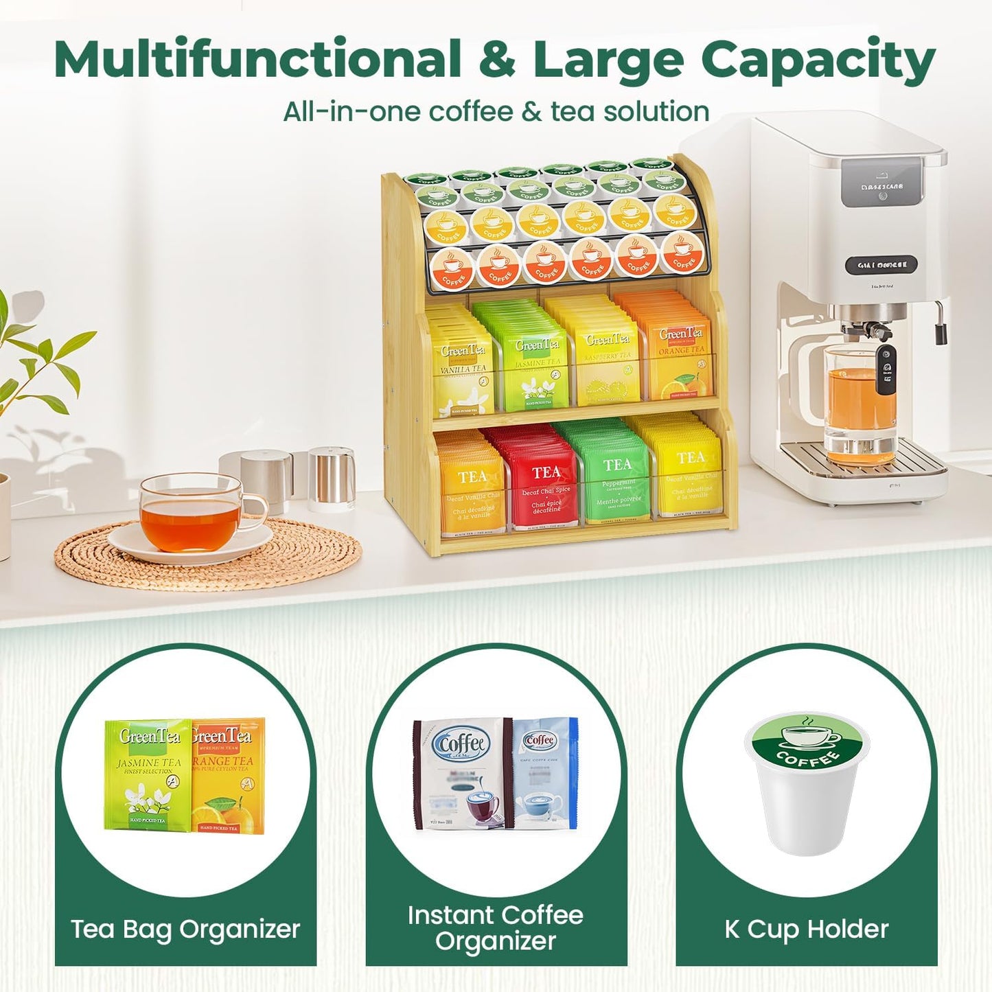 EsLuker.ly Tea Bag Holder Coffee Pod Organizer for Countertop Cabinet, Bamboo 3 Tier Teabag Packet Display Shelf and K Cups Rack Stand for Tea Bar & Coffee Station Storage, Save Space Elegantly