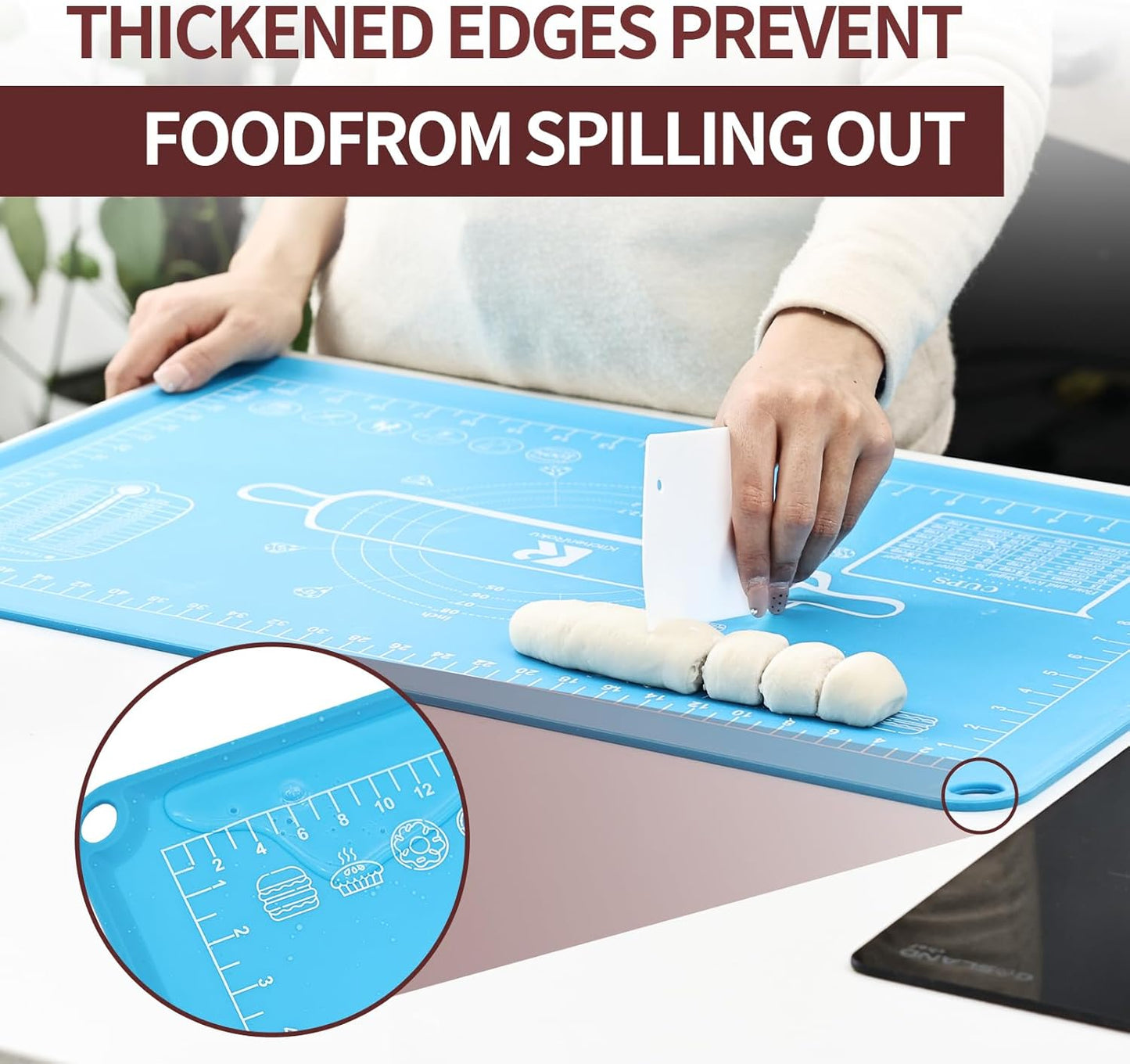 Silicone Baking Mat 20"L x 28"W, Extra Thick Dough Rolling Pad with Measurements and Edge Heightening, Non-stick Food Grade Silicone Pastry Mat for Pastry, Bread, Cookies