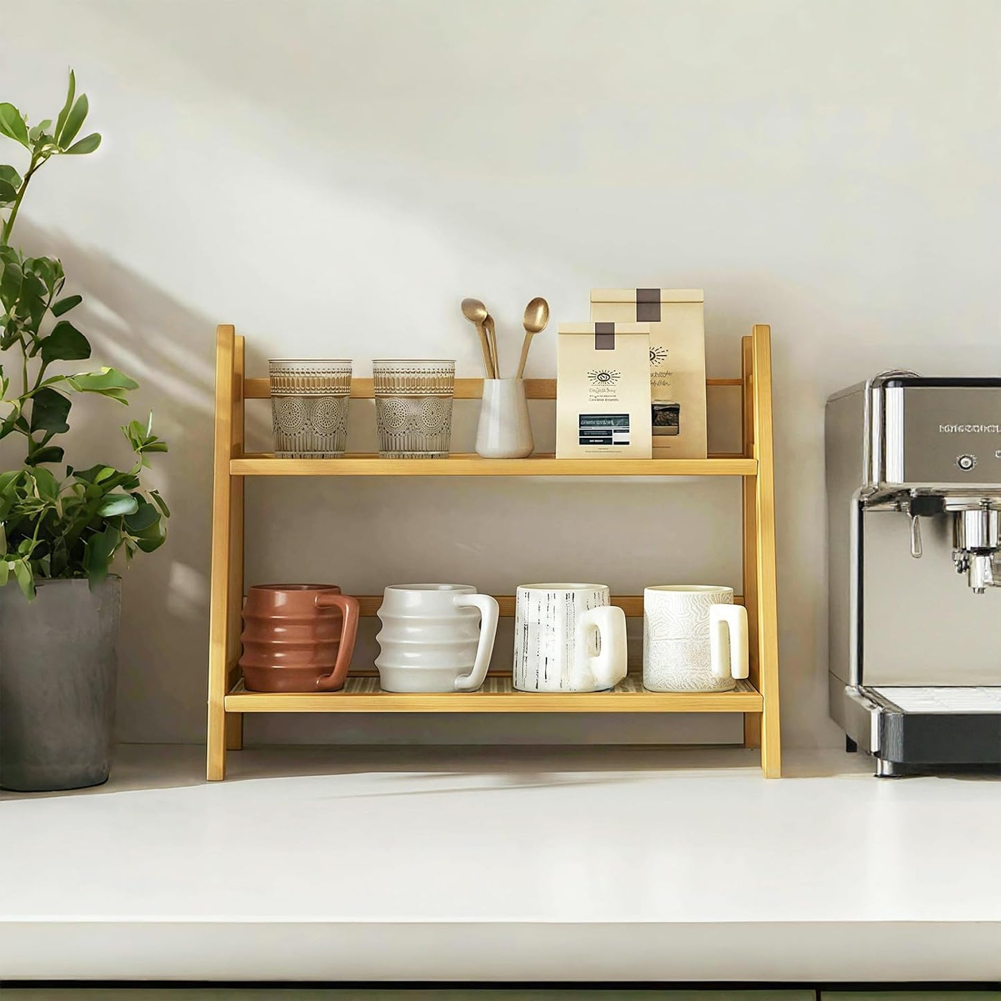 Wicker-Look Coffee Station Organizer, Bamboo Mug Holder Countertop, Kitchen Counter Shelf for Tea Coffee Bar Accessories, Matcha Stand, Cup Display, Condiment Storage Rack, 2 Tier