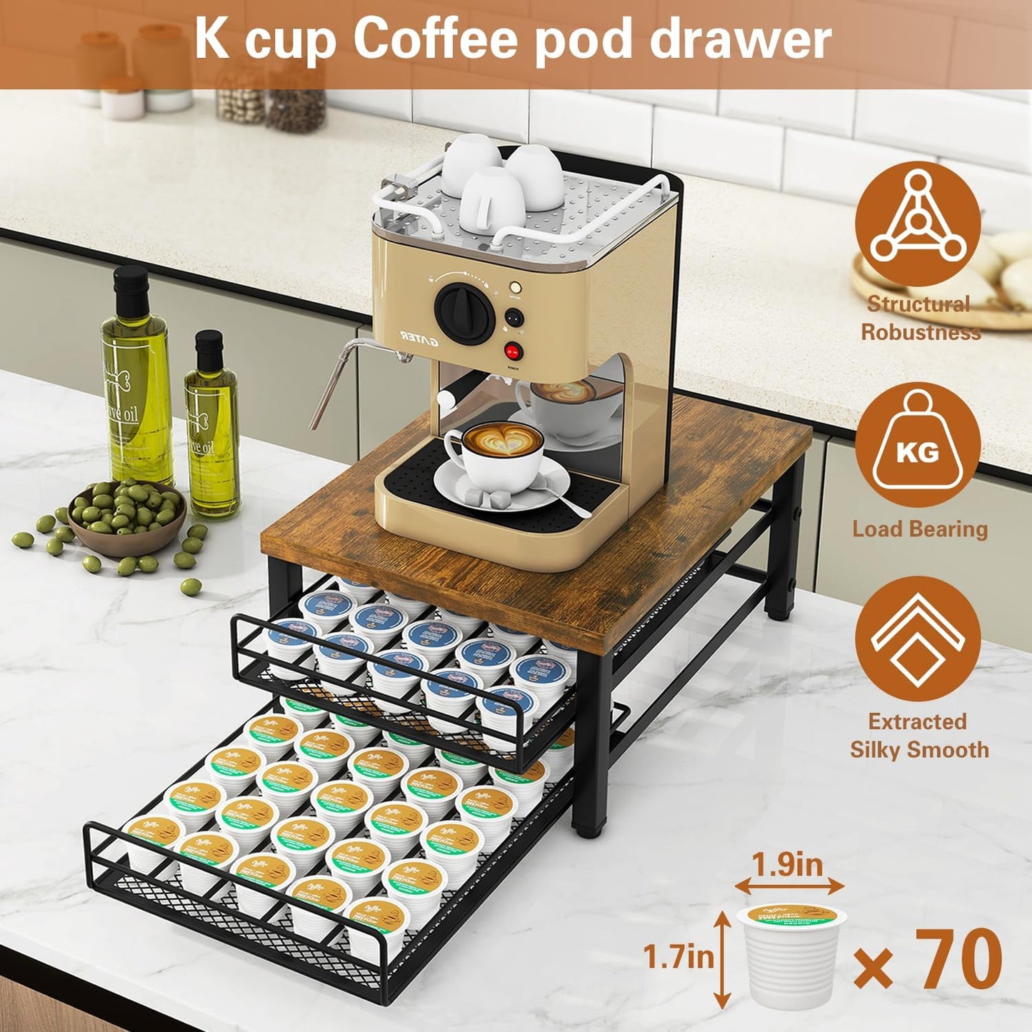 IBUYKE 2-Tier Coffee Pod Drawer Holder for K Cup, Capsule Pods Storage Organizer, Compact Under Coffee Pot Storage Drawer, Slim Home Kitchen Counter Organizer TCJ002H
