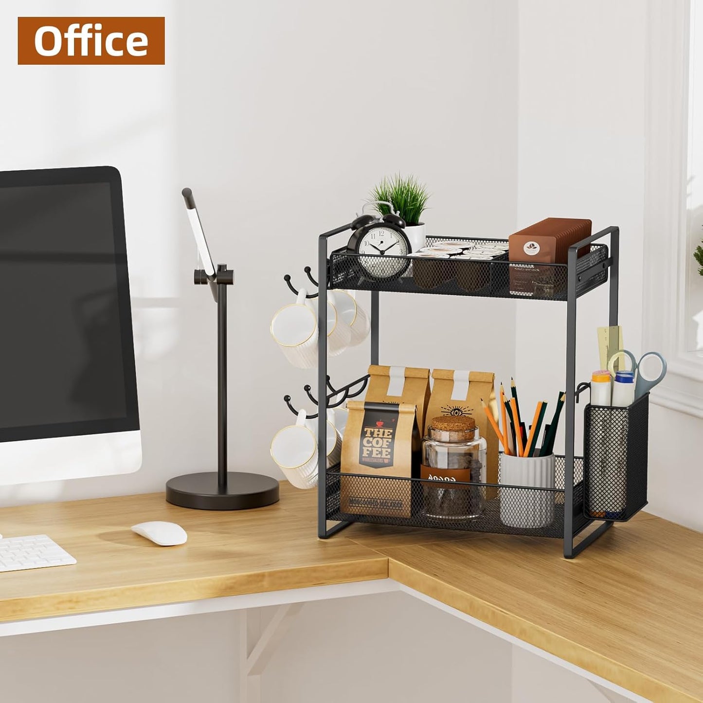 VITVITI Coffee Bar Organizer with Mug Holder, Metal Coffee Station Organizer for Countertop, 2 Tier Cup Mug Holders Rack with Basket for Kitchen Office, Black