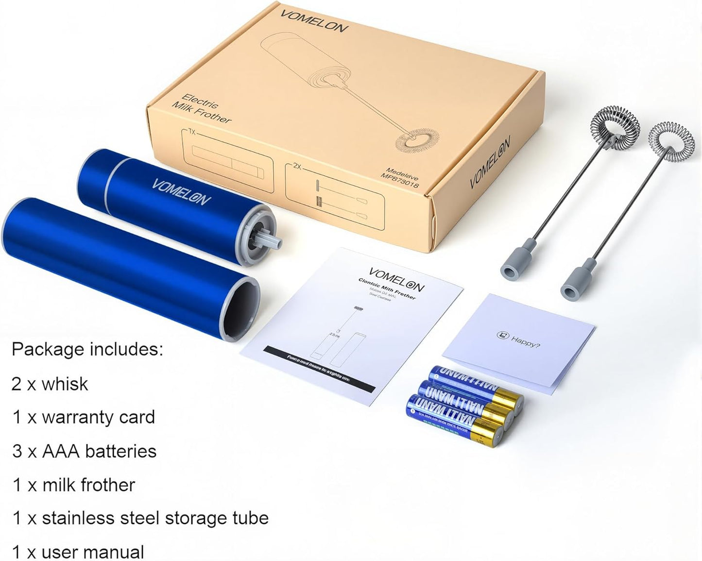 Milk Frother Handheld, Battery Operated Coffee Foamer Drink Mixer with 2 Stainless Steel Electric Whisks for Coffee, Latte, Cappuccino, Hot Chocolate, Protein，Egg Batteries Included,Blue