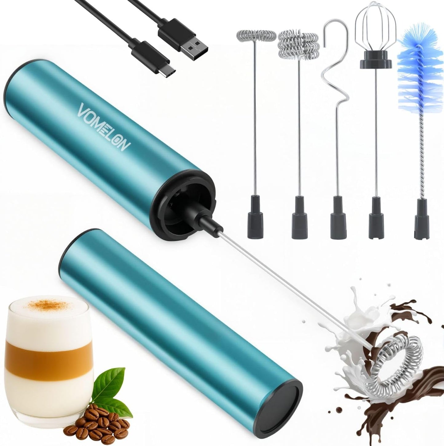 Rechargeable Milk Frother Handheld Electric Frother Wand Milk Foamer Drink Mixer for Coffee, Lattes, Cappuccino, and Egg, Stainless Steel for Travel-Light Blue