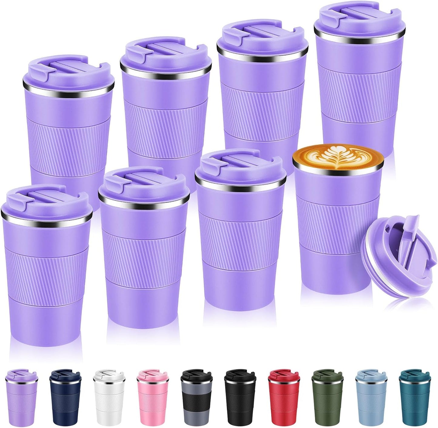 Volhoply 13 oz Stainless Steel Insulated Travel Coffee Mug with Fip Lid Bulk 8 Pack,Reusable Double Wall Vacuum Metal Coffee Cup,Portable Leak Proof Thermal Tumbler for Hot & Cold Drinks(Purple,8)