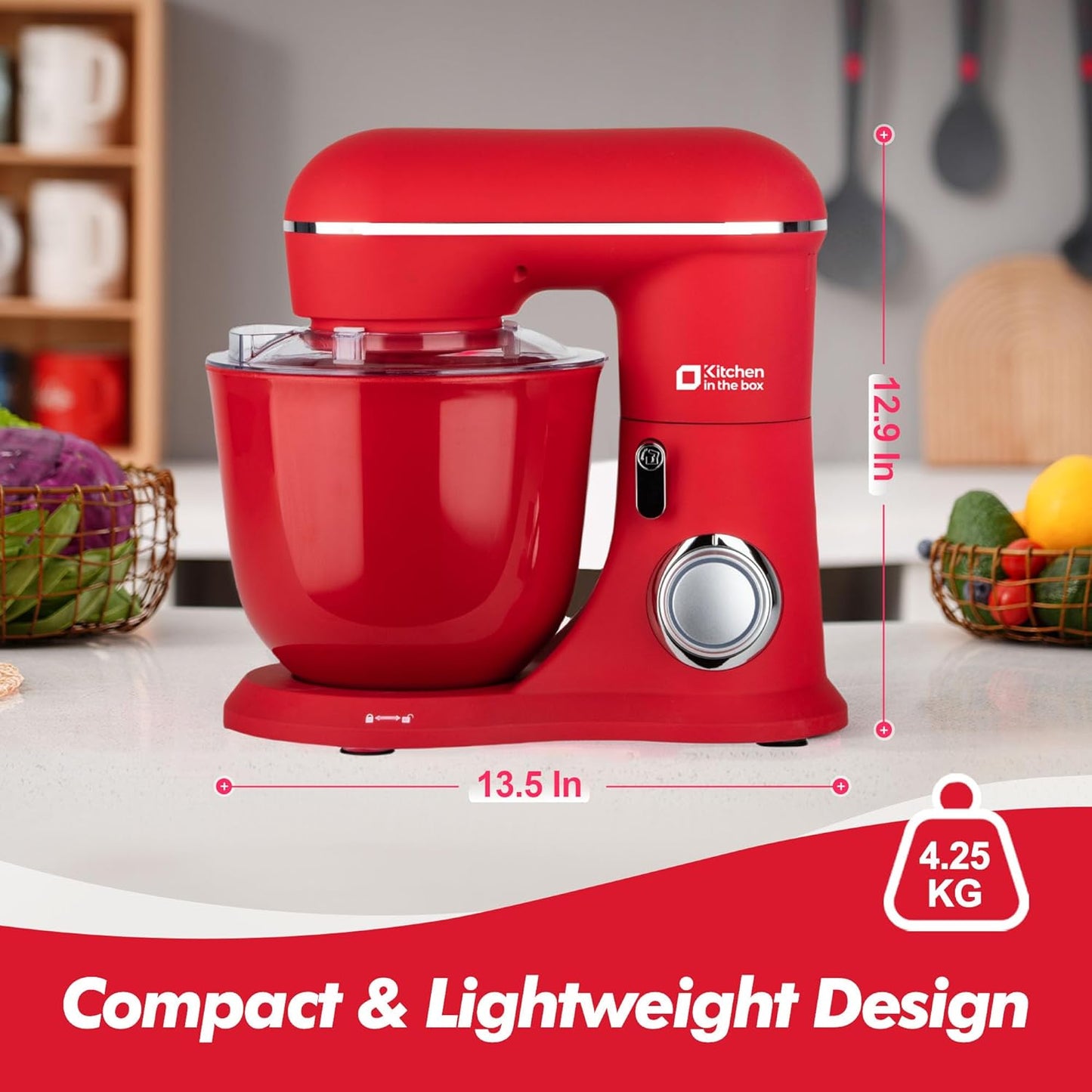 Kitchen in the box Stand Mixer, 4.5QT+5QT Two bowls Electric Food Mixer, 10 Speeds 3-IN-1 Kitchen Mixer for Daily Use with Egg Whisk,Dough Hook,Flat Beater (Matte Red, 5QT)