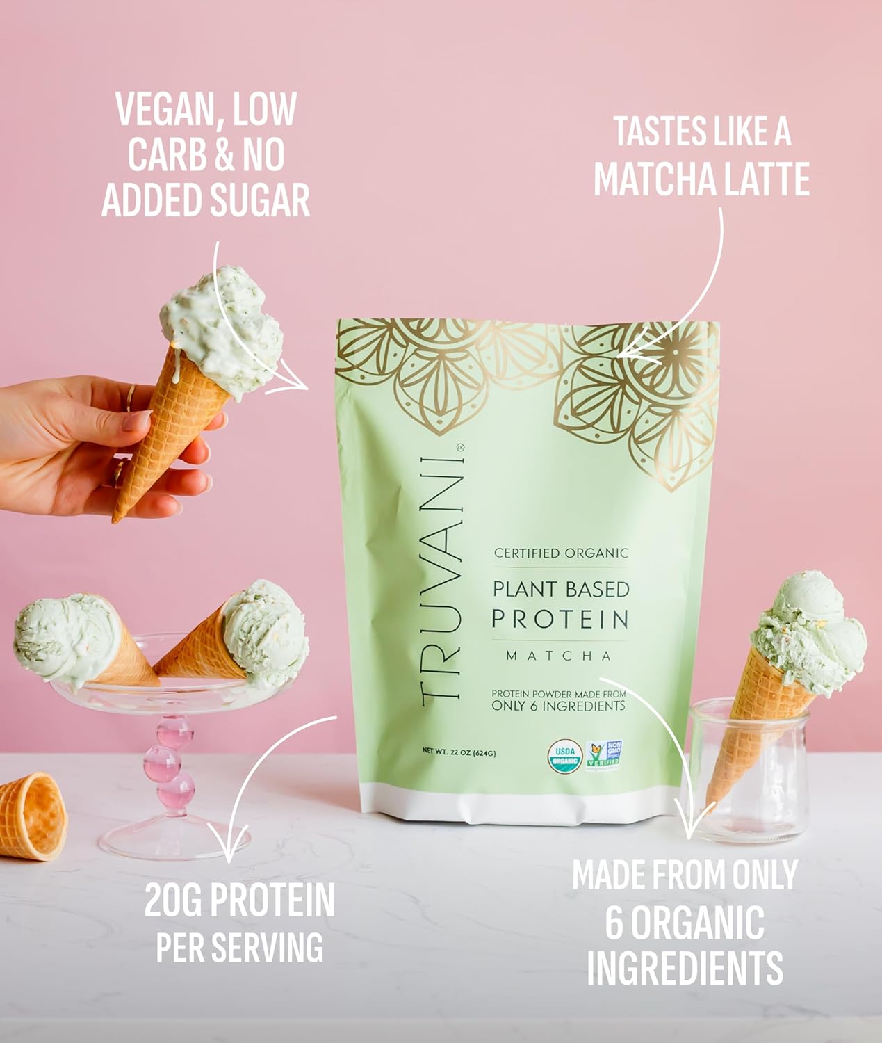 Truvani Vegan Pea Protein Powder | Matcha | 20g Organic Plant Based Protein | 10 Servings | Keto | Gluten & Dairy Free | Low Carb | No Added Sugar