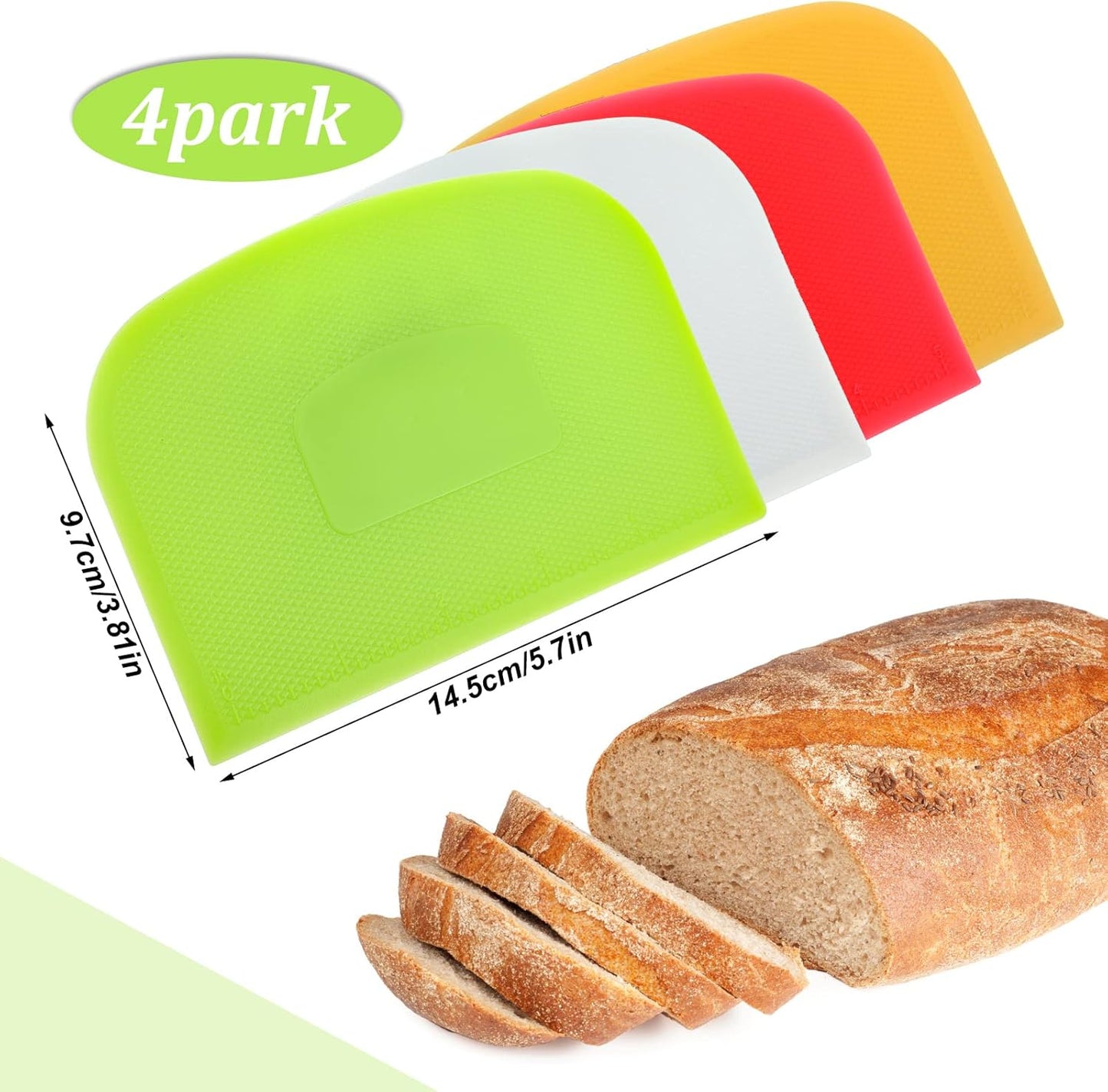 4 Piece Plastic Dough Scraper Bowl Scraper Flexible Multipurpose Food Scraper Plastic Dough Cutter for Bread Cake Dough Fondant Icing (White, Green, Yellow, Red)