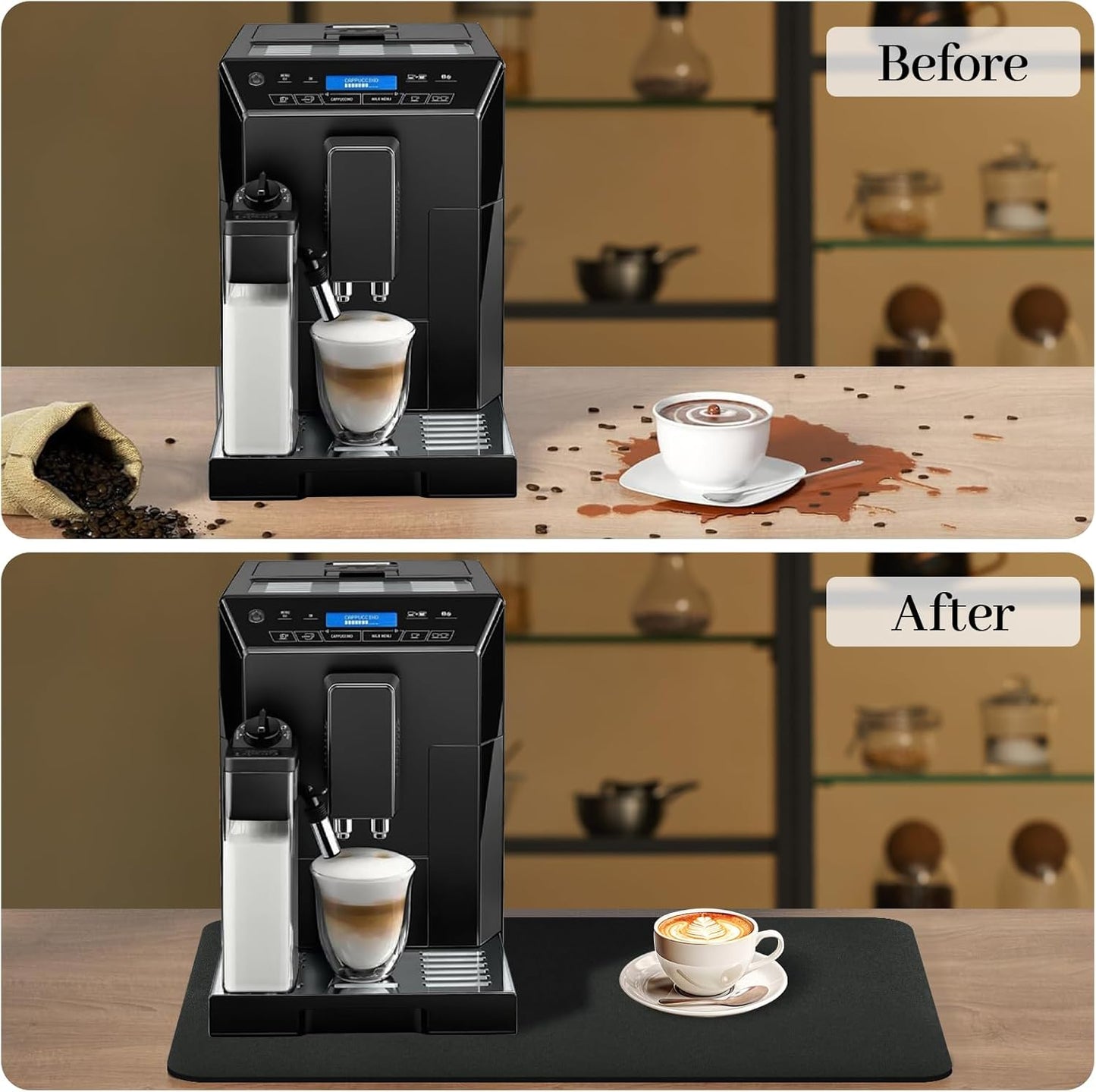 Bloss Coffee Mat 24"x16", Dish Drying Mat for Multiple Usage, Mat for Coffee Bar, Kitchen Counter Mat, Absorbent Hide Stain Rubber Backed Dish Drying Pad - Black