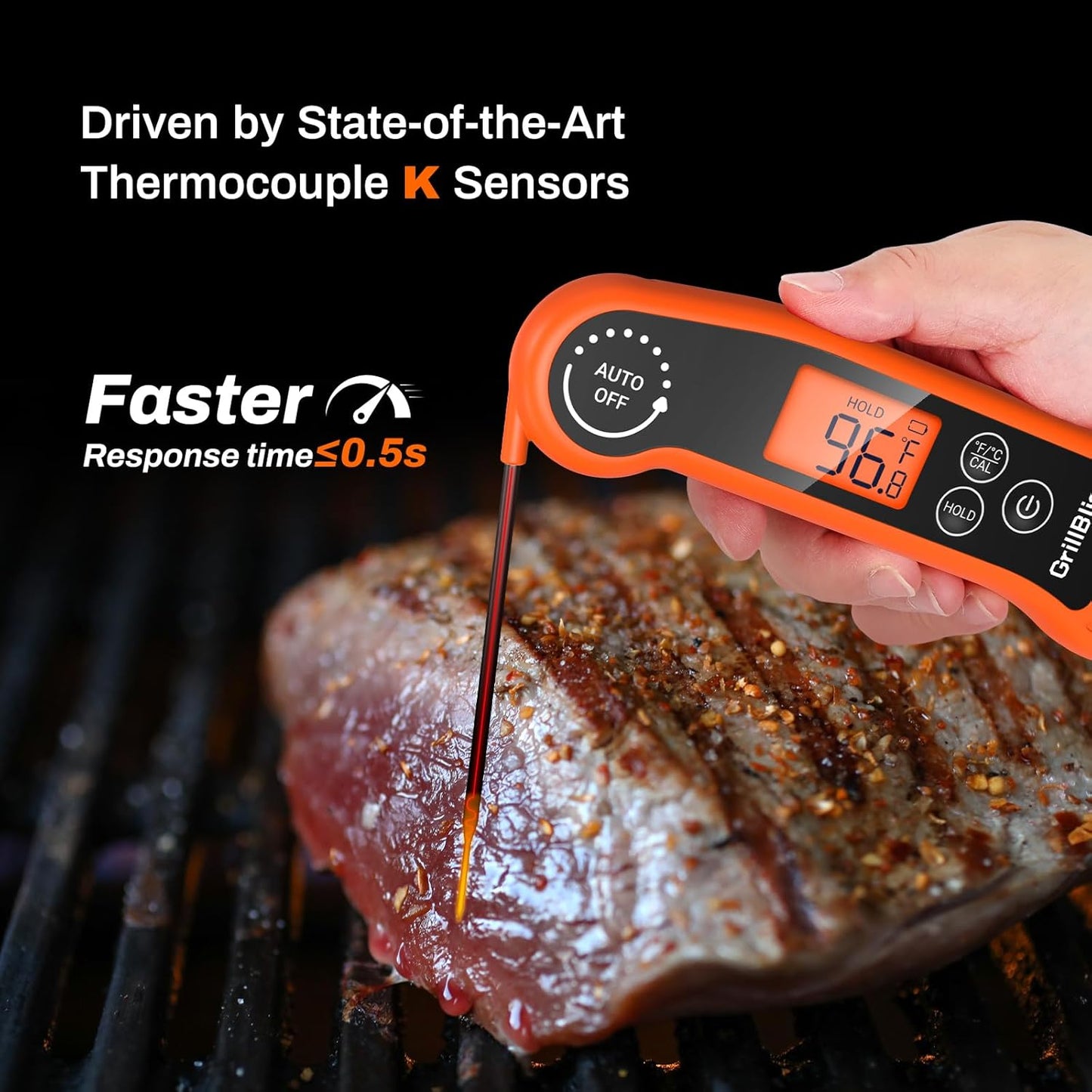 Instant Read Meat Thermometer Within 0.5s, GrillBliss Meat Thermometer Digital with ±0.5℉ Accuracy, Food Thermometer with Backlit Display, Cooking Thermometer for Candy, Grill, BBQ, Brewing