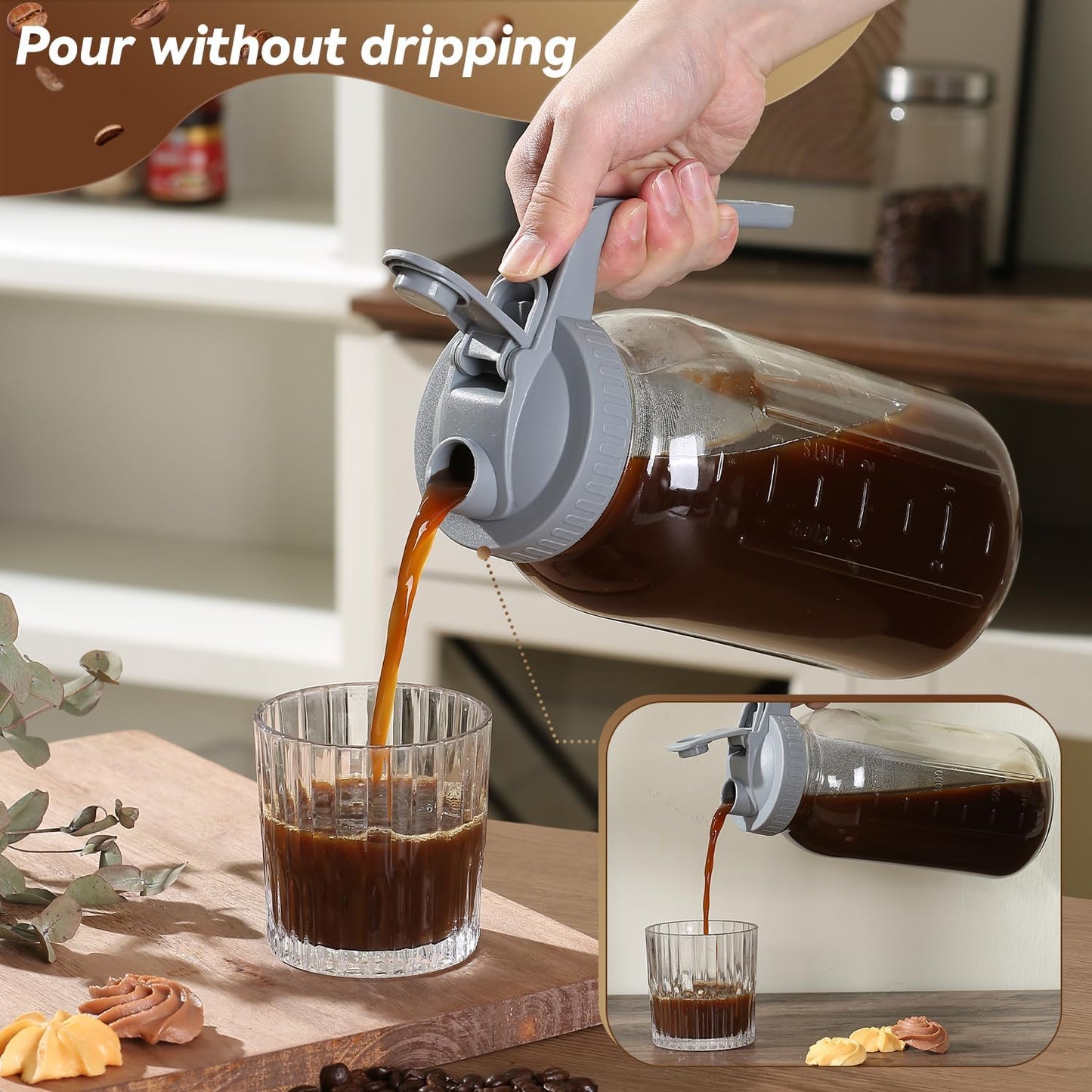 Cold Brew Coffee Maker Pitcher 64-ounce Glass Wide Mouth Mason Jar with Stainless Steel Filter and Pour Spout Handle Lid (Grey, 64Ounce)