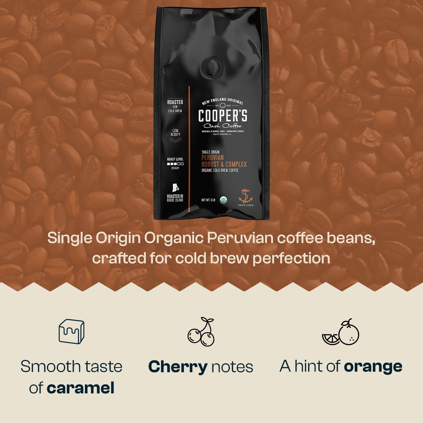 Organic Cold Brew Coffee Peru Reserve Single Origin Peruvian Coarsely Ground - 5 lb. Bag - Medium Roast