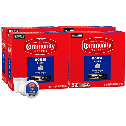 Community Coffee House Blend, Medium-Dark Roast, Single-Serve Keurig K-Cup Pods, 32 Count (Pack of 4)