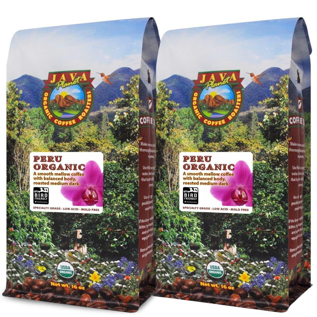 Low Acid Organic Coffee – Whole Bean, Mold-Free & Stomach Friendly by Java Planet, Peruvian Single Origin Coffee, Medium Dark Roast, Smooth Full Flavored, 2x1LB Bag