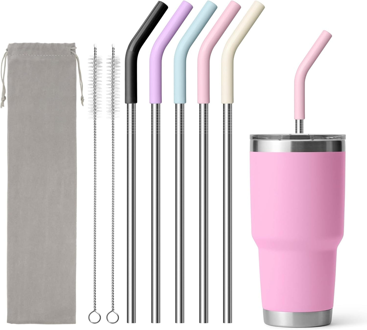Metal Straws Reusable for YETI 30 oz Tumbler,9.5 "Stainless Steel Drinking Straws with Silicone Tip for 30 oz Cup Tumbler, Cleaning Brush, 1 Portable Bag