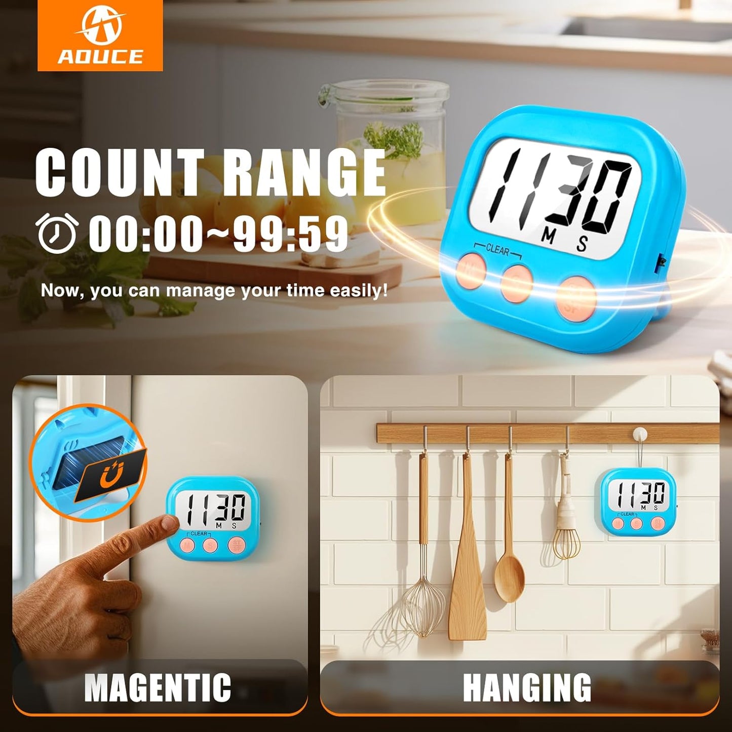 6 Pack Kitchen Timers Loud Ring Digital Timers for Cooking Magnetic Blue