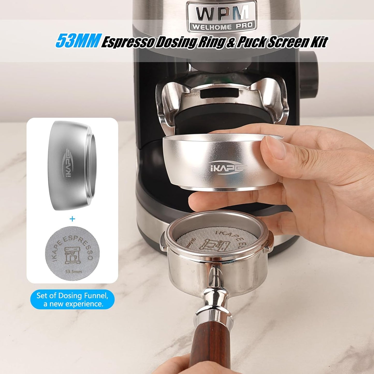 IKAPE Magnetic Dosing Funnel Set, 53MM Espresso Dosing Ring & Puck Screen Kit Compatible with Delonghi 54MM Bottomless Portafilter - with 8 Small Magnet (Silver)