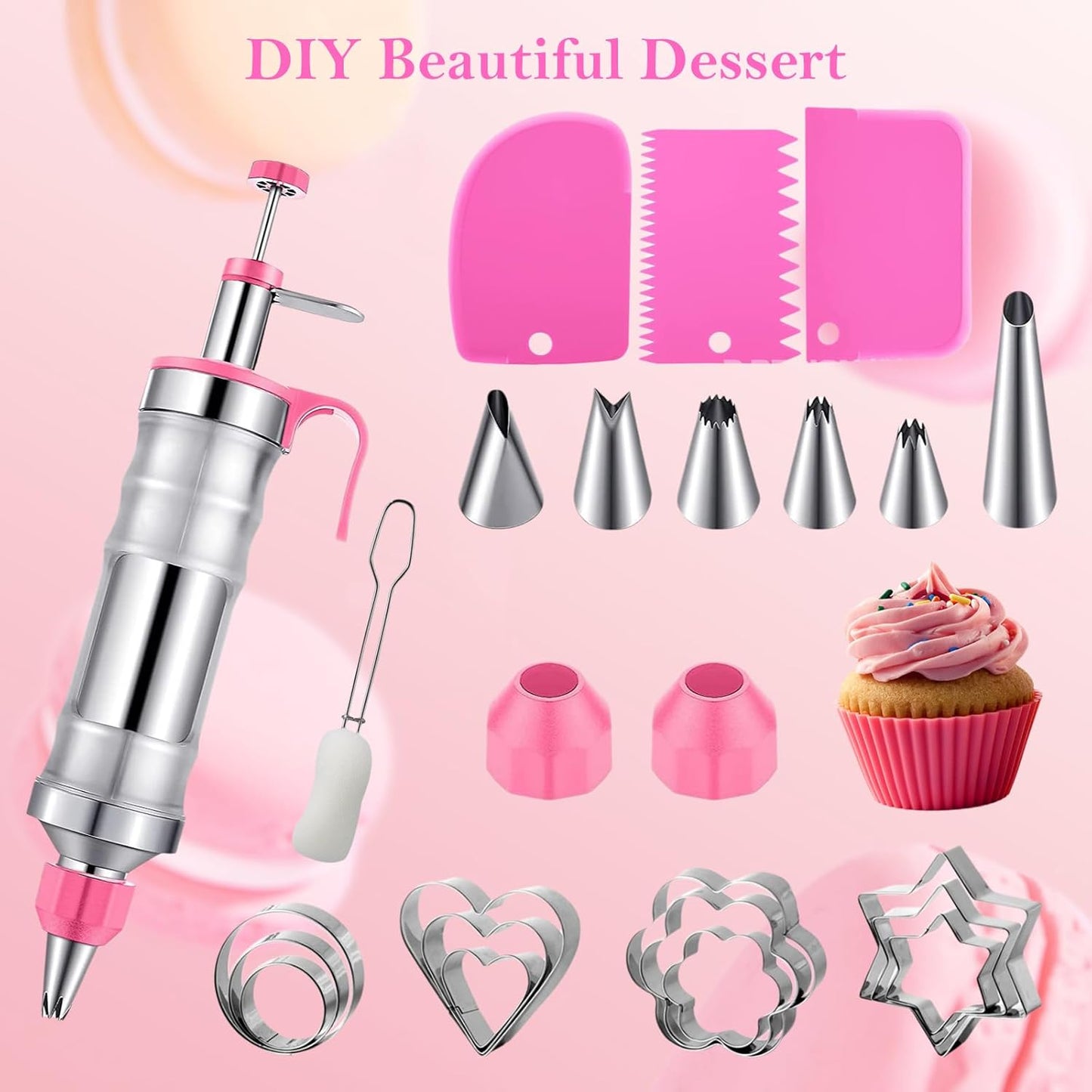 Dessert Decorating Syringe Set,Stainless Steels Cake Decorating Kit,Frosting Piping Kit,Cake Decorating Gun,Icing Piping Kit with 6 Piping Tips 9 Cupcakes 1 Brush & 12 Cookie Cutters