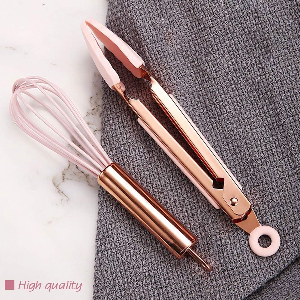 Rose Gold And Pink Kitchen Utensil Small Five-Piece Set Mini Silicone Kids Kitchen Tools Whisk Spatula Tongs Spoon And Slotted Spatula(Kids Baking Supplies)