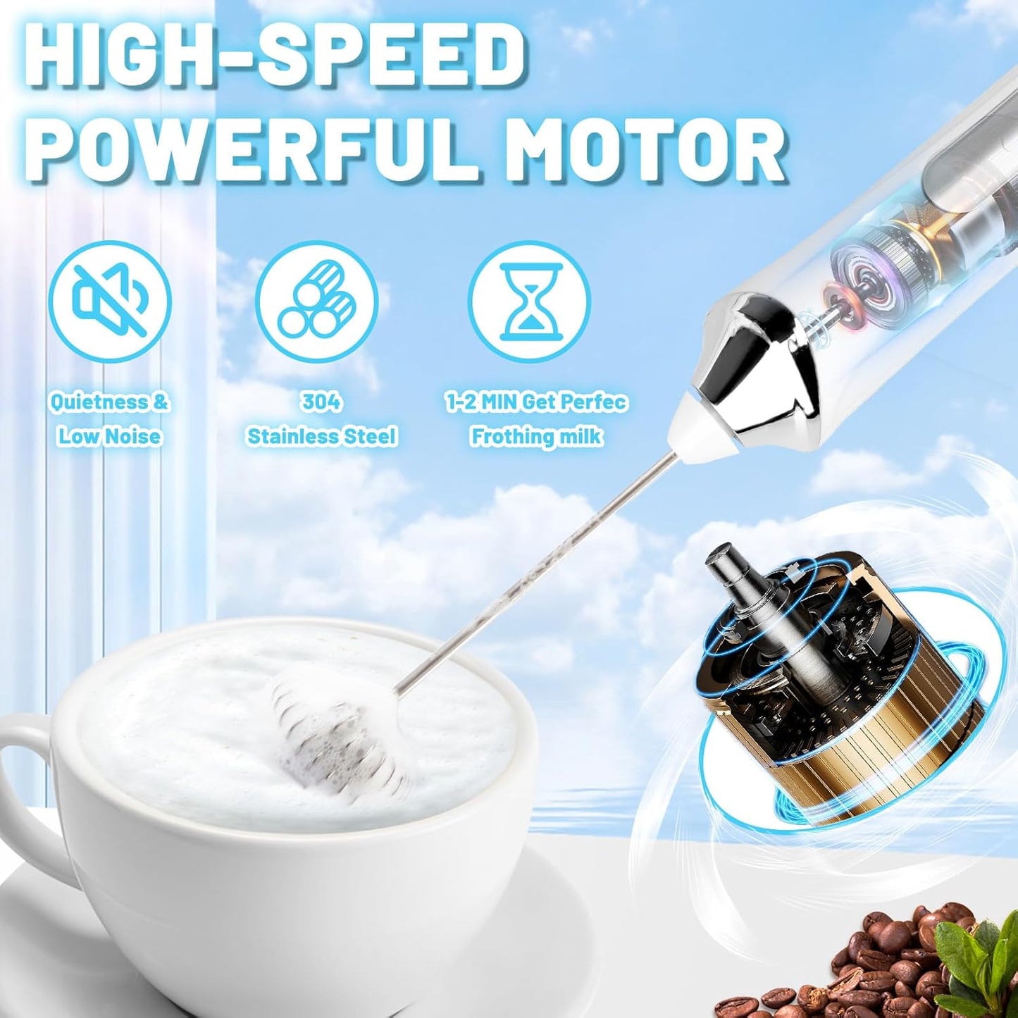 Tonjin Milk Frother with USB-C Rechargeable Wand & 2 Stainless Whisks, Upgraded 3 Speeds Electric Drink Mixer for Coffee, Egg, Matcha