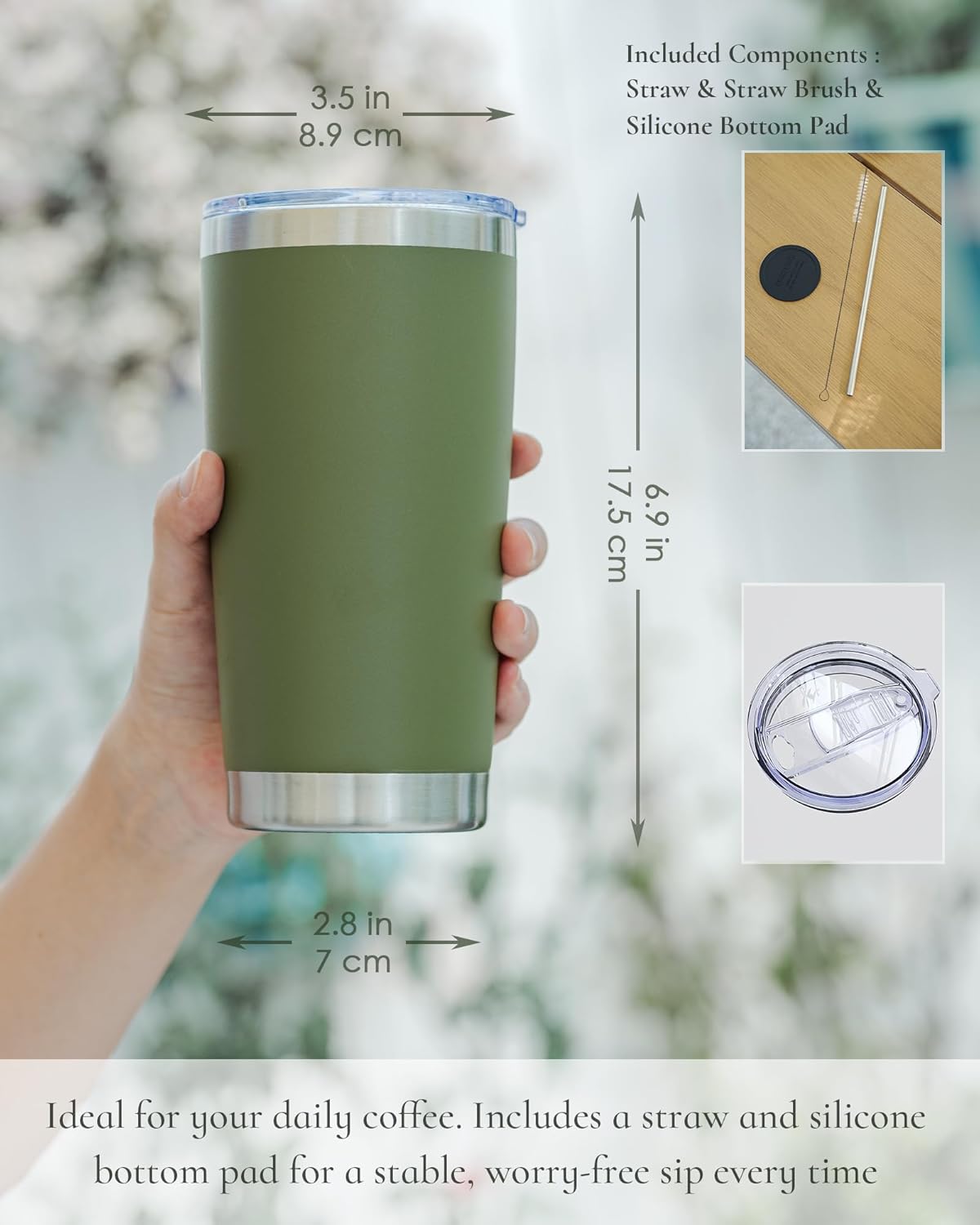 Travel Coffee Tumbler 20oz, 12 Pack Leakproof Travel Coffee Mug with Lid and Straw, Stainless Steel Double Wall Vacuum Insulated Tumbler for Hot/Iced Drinks (Textured Matte, Army Green)