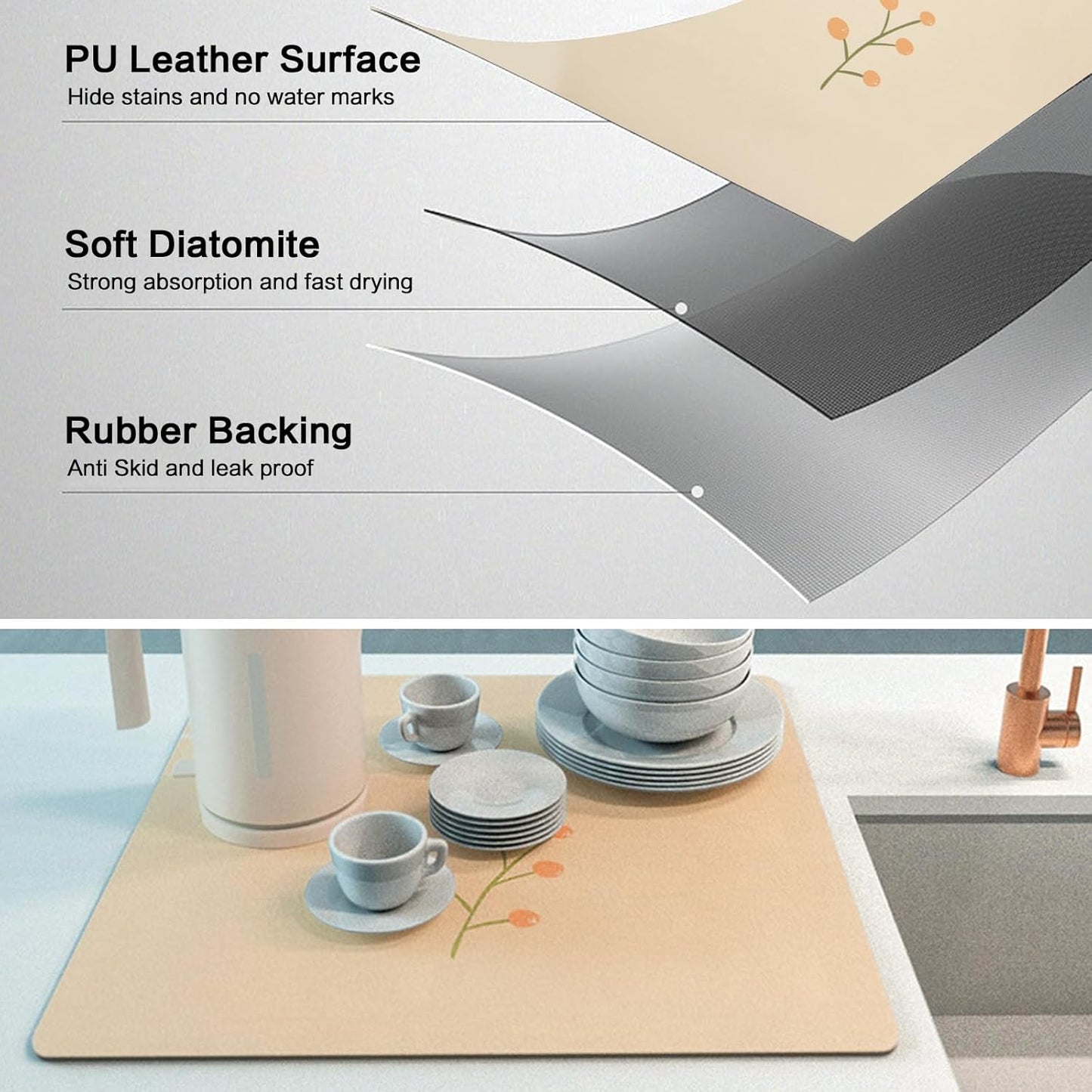 Cream Dish Drying Mat 16''x19'', Absorbent Anti Spill Bar Mat for Kitchen Counter, Fits Under Coffee Maker & Espresso Machine