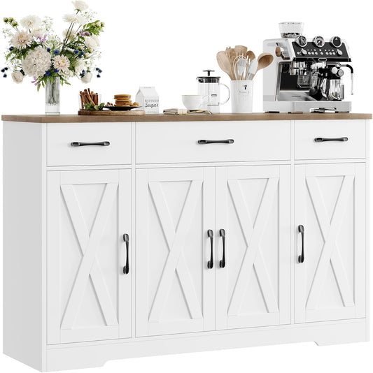HOSTACK Buffet Cabinet with Drawers, 55" Large Sideboard Buffet Storage Cabinet with Shelves and Doors, Modern Farmhouse Coffee Bar Station Wood Kitchen Table for Kitchen, Dining Room, White/Rustic