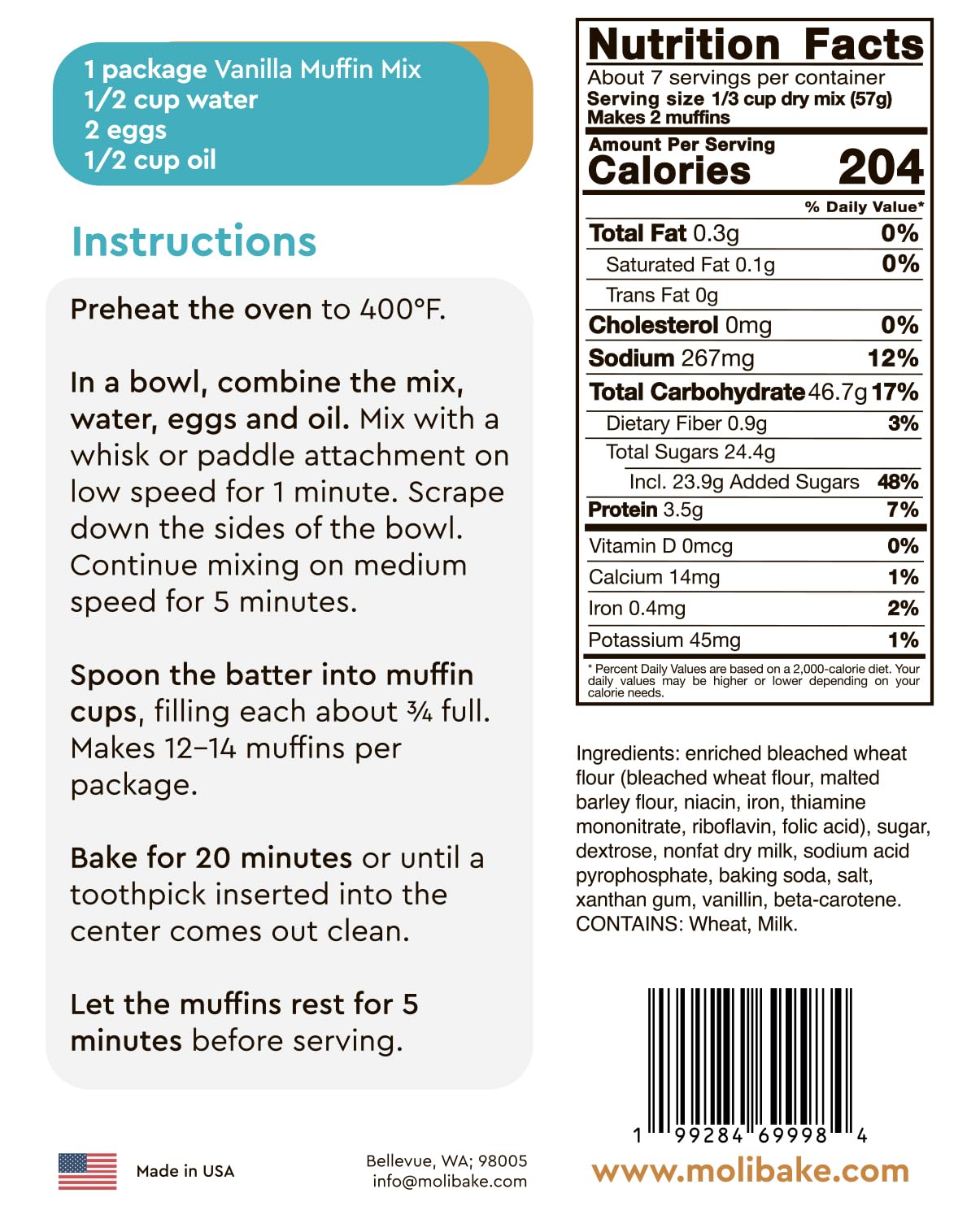 Molibake Vanilla Muffin Mix – Pack of 2 – Premium Vanilla Muffins Baking Mix for Home Oven and Muffin Maker – 14 oz – All-Natural Easy-to-Use Mix for Fluffy, Bakery-Style Homemade Muffins