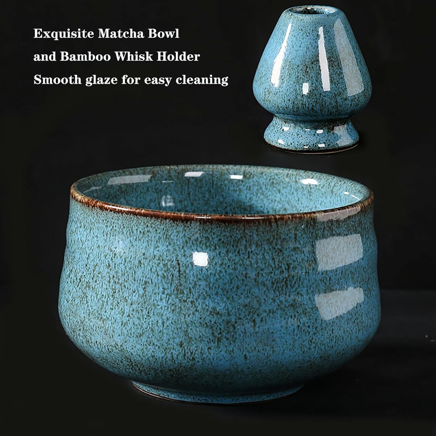 Japanese Matcha Tea Set(7pcs),Matcha Bowl And Whisk Set,Whisk Holder, Matcha Powder Sifter, Bamboo Scoop,The Perfect Matcha Tools Kit For Matcha Tea Ceremony (Kiln Glaze-Blue)